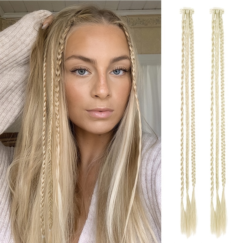 Braid Hair Extensions, 4 PCS Baby Braids Front Side Bang Curtain Bang Clip  in Hair Extensions Long Braided Hair Piece Natural Soft Synthetic Hair for