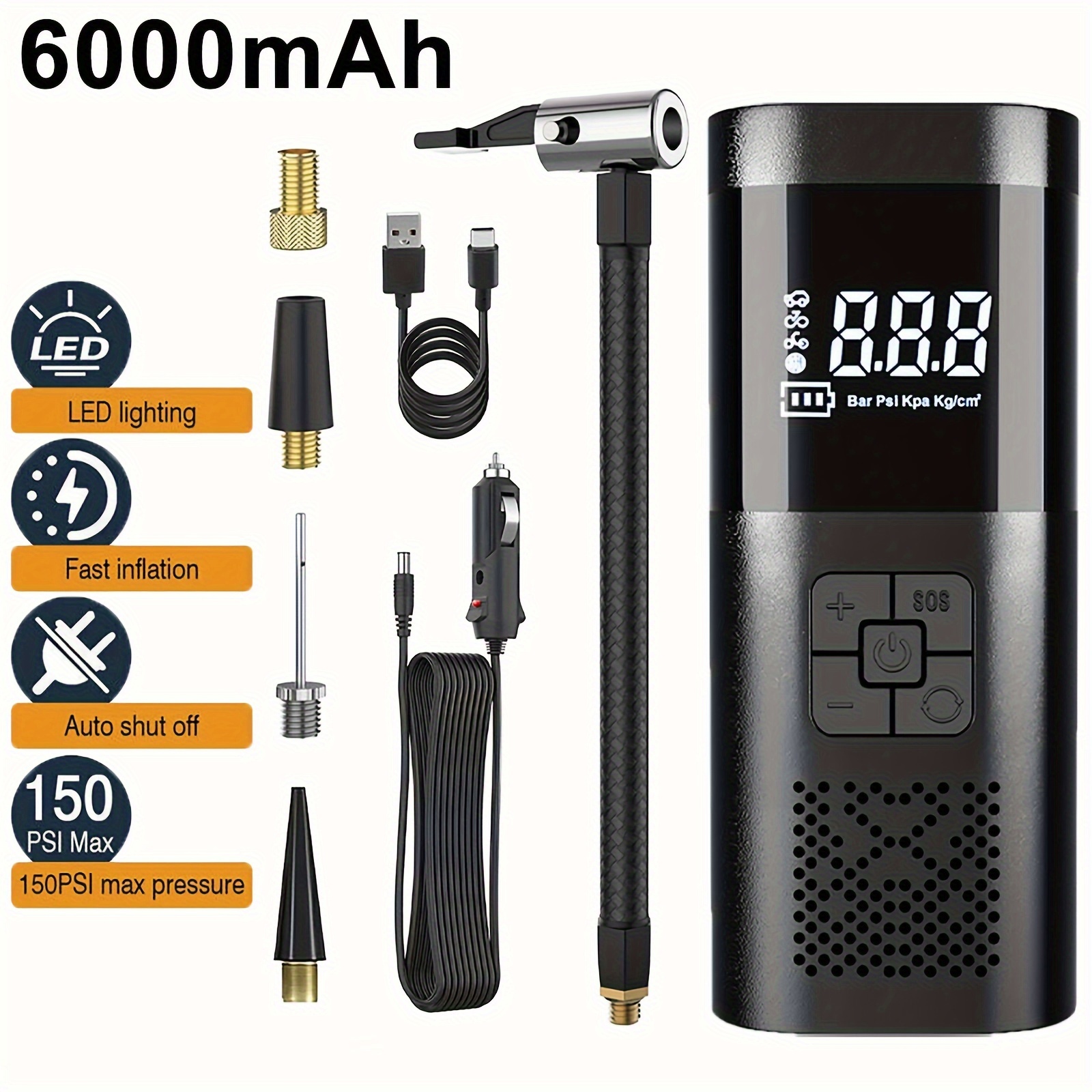 150PSI 6000mAh Rechargeable Air Compressor: Portable & Wireless Inflator  Pump for Car, Motorcycle & Bike Tires