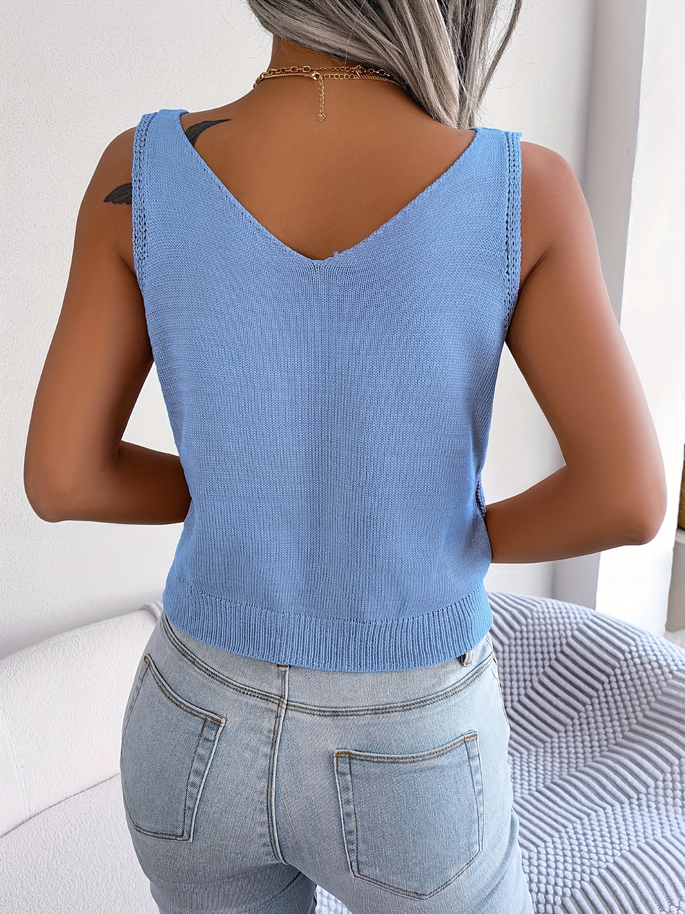 Ribbed Button Front Tank Top V Neck Sleeveless Solid Summer Tank Top