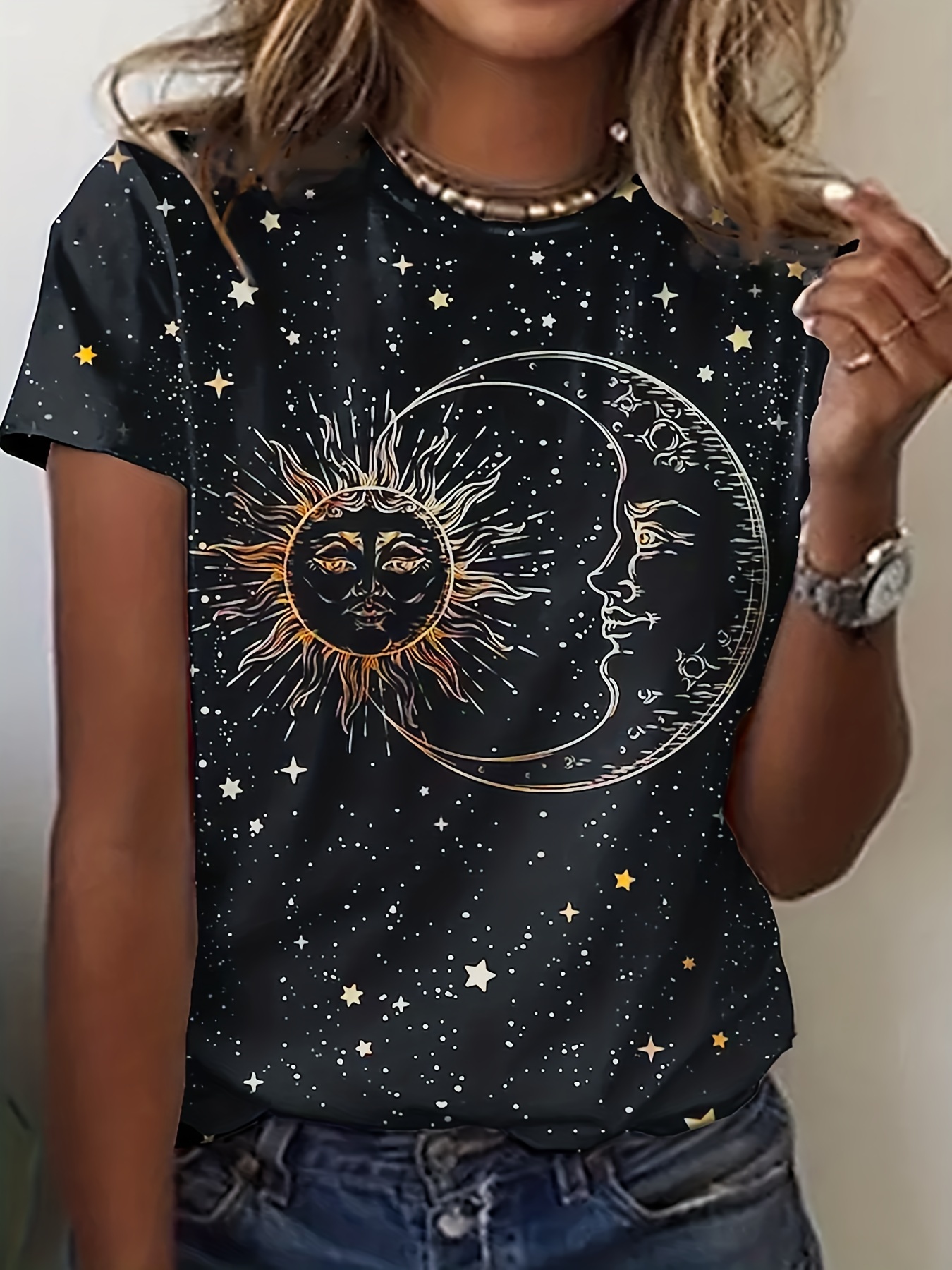 Sun Moon Print Crew Neck T shirt Casual Short Sleeve T shirt - Temu