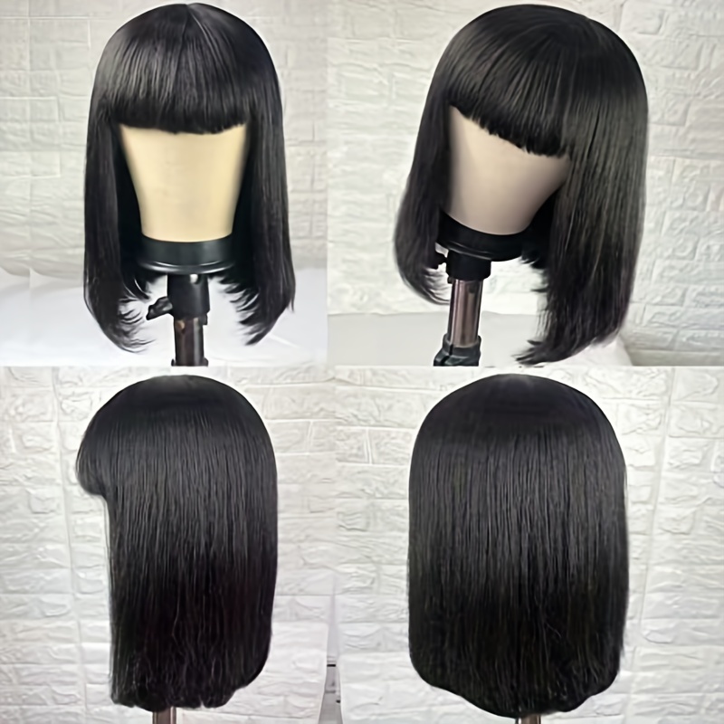 180 density straight bob wig with bangs for women natural human hair lace front wig with machine made construction details 2