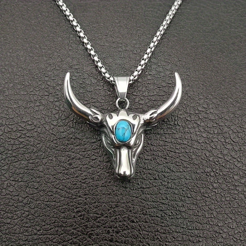 

1pc Domineering Bull Head Pendant, Men's Alloy Retro Turquoise Stainless Steel Necklace Accessories
