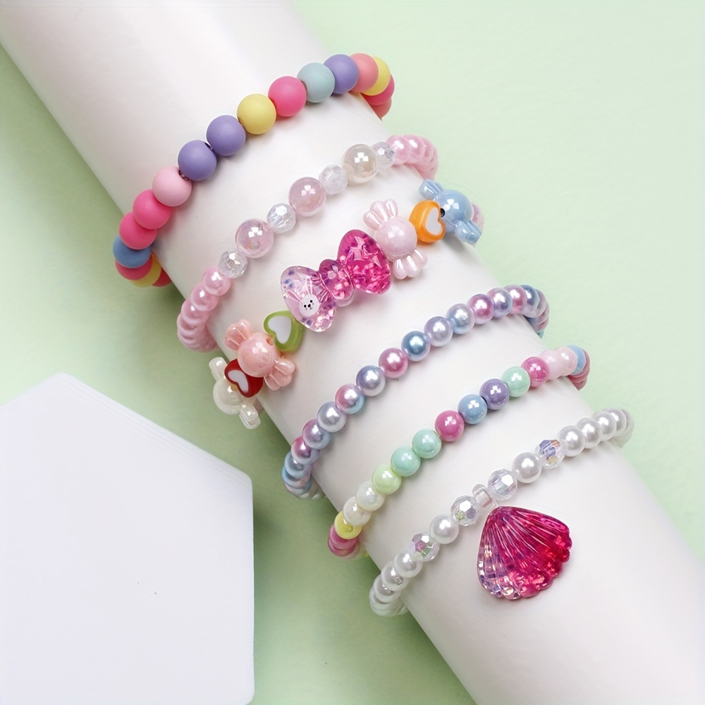 6pcs Girl's Cute Unicorn Flower Heart Pendant Multicolor Beaded Bangle Bracelet Set, Color Random,Temu