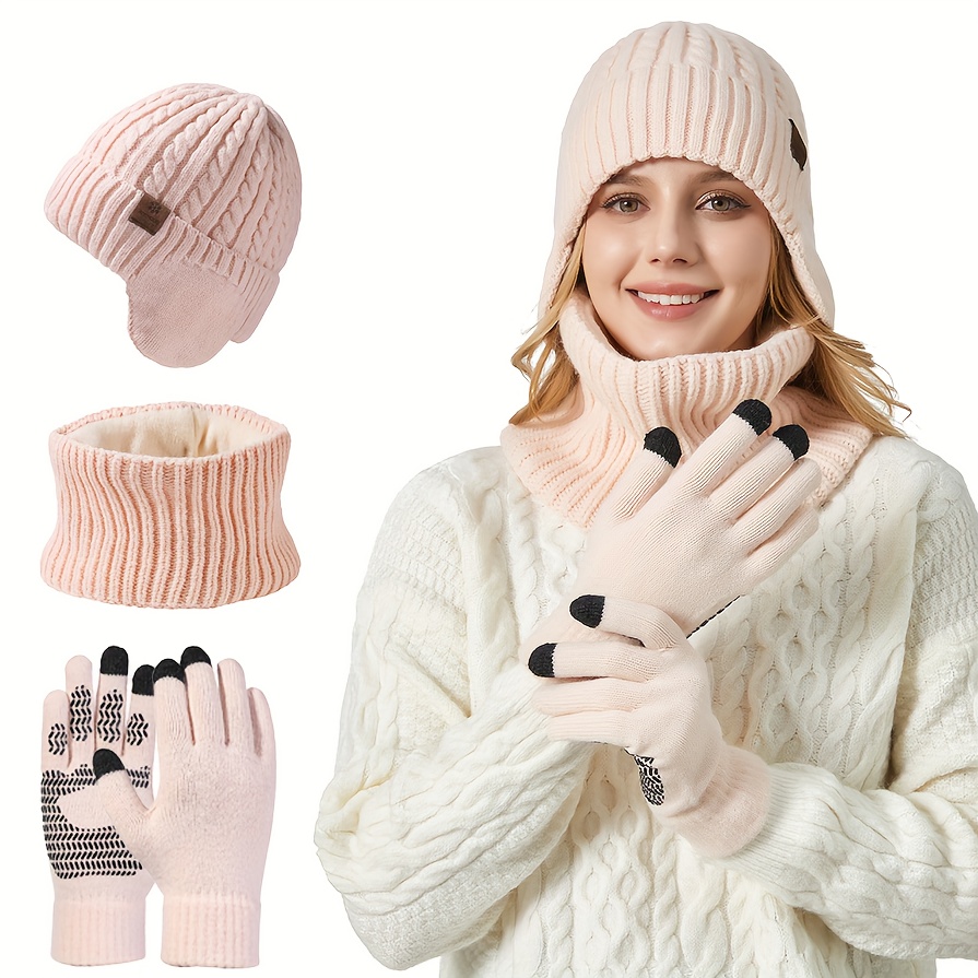 Ensemble 3 pièces bonnet, guêtre et gants en tricot pour femme