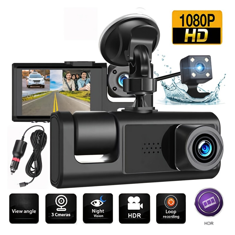 3 Caméra Objectif Voiture Dvr, 3 canaux Dash Cam Hd 1080p Dash Camera  Double Lens Dashcam Video Recorder Car Parking Monitoring Insede Ir Night  Vision