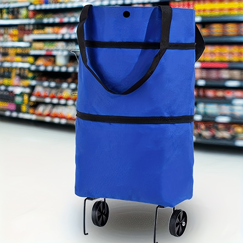 1pc Canvas Storage Bag, Minimalist Blue Shopper Bag With Wheel For  Household