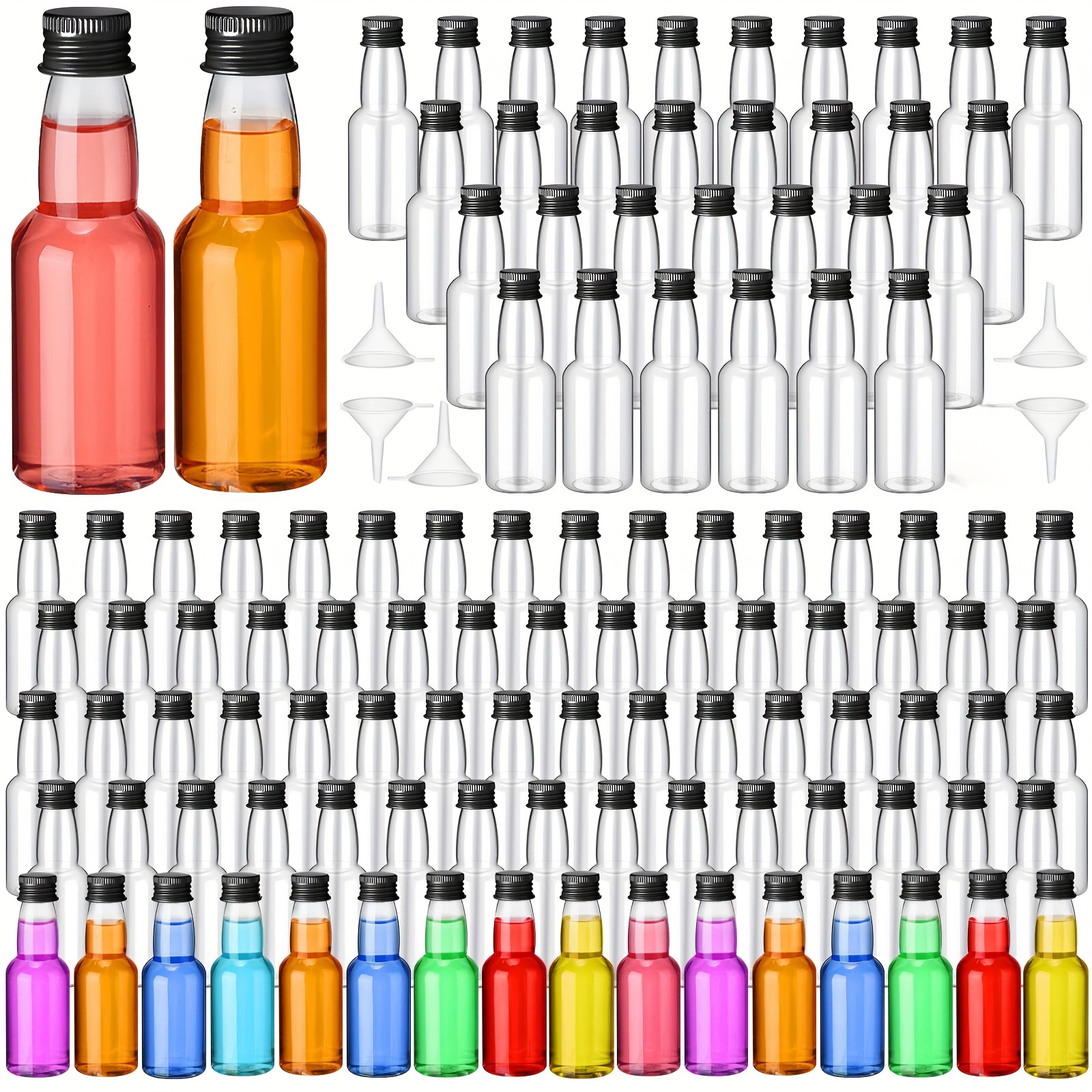 100 botellas pequeñas de licor, botellas pequeñas de plástico, mini botella  de aderezo de ensalada, botellas de alcohol vacías con tapa negra