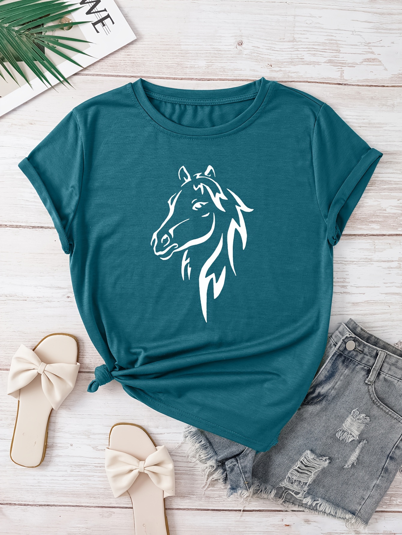 Camiseta Cuello Redondo Estampado Caballo Top Casual Manga - Temu