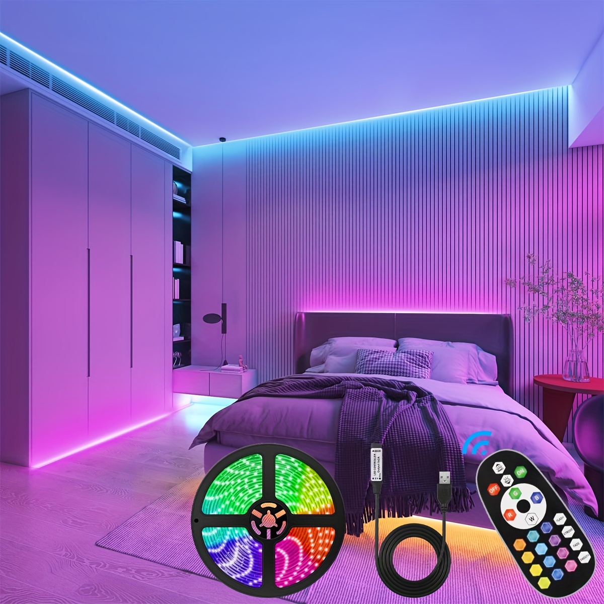 Tira de luces LED RGB de 3M de 10 pies, IP65, impermeable, de color,  retroiluminación USB de TV con control remoto, 16 colores que cambian 180  5050