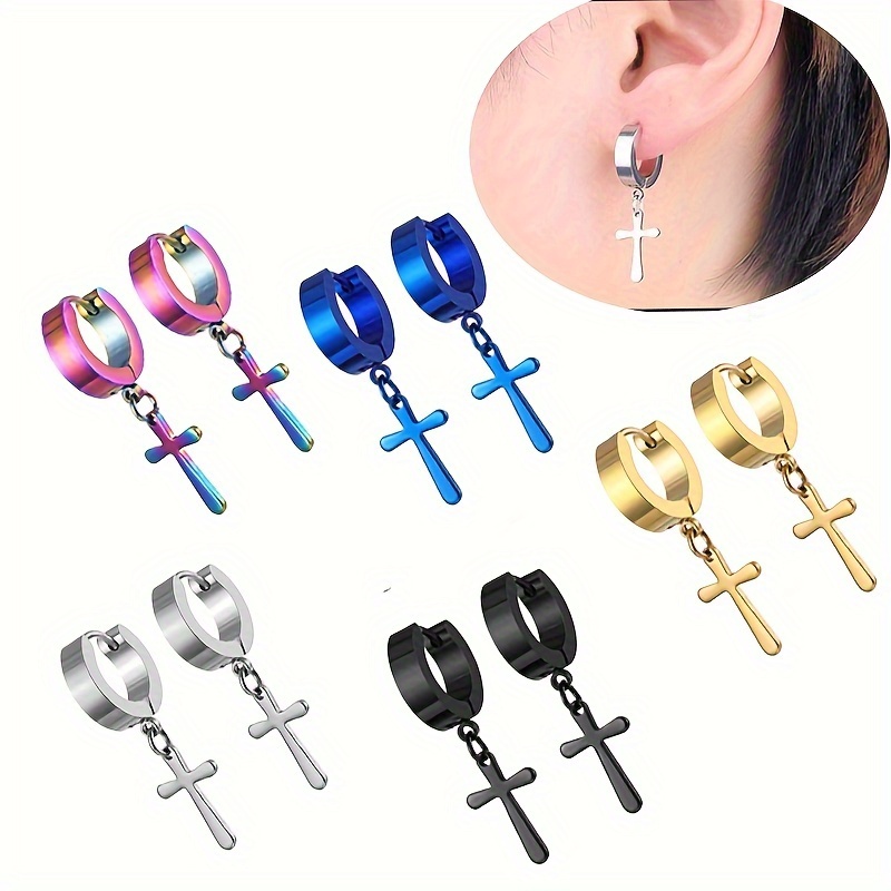5 Pairs Stainless Steel Cross Earrings Set Cross Dangle Hoop Earrings Hinged Hoop Ear Jewelry For Men And Women…: retailer-supplied image