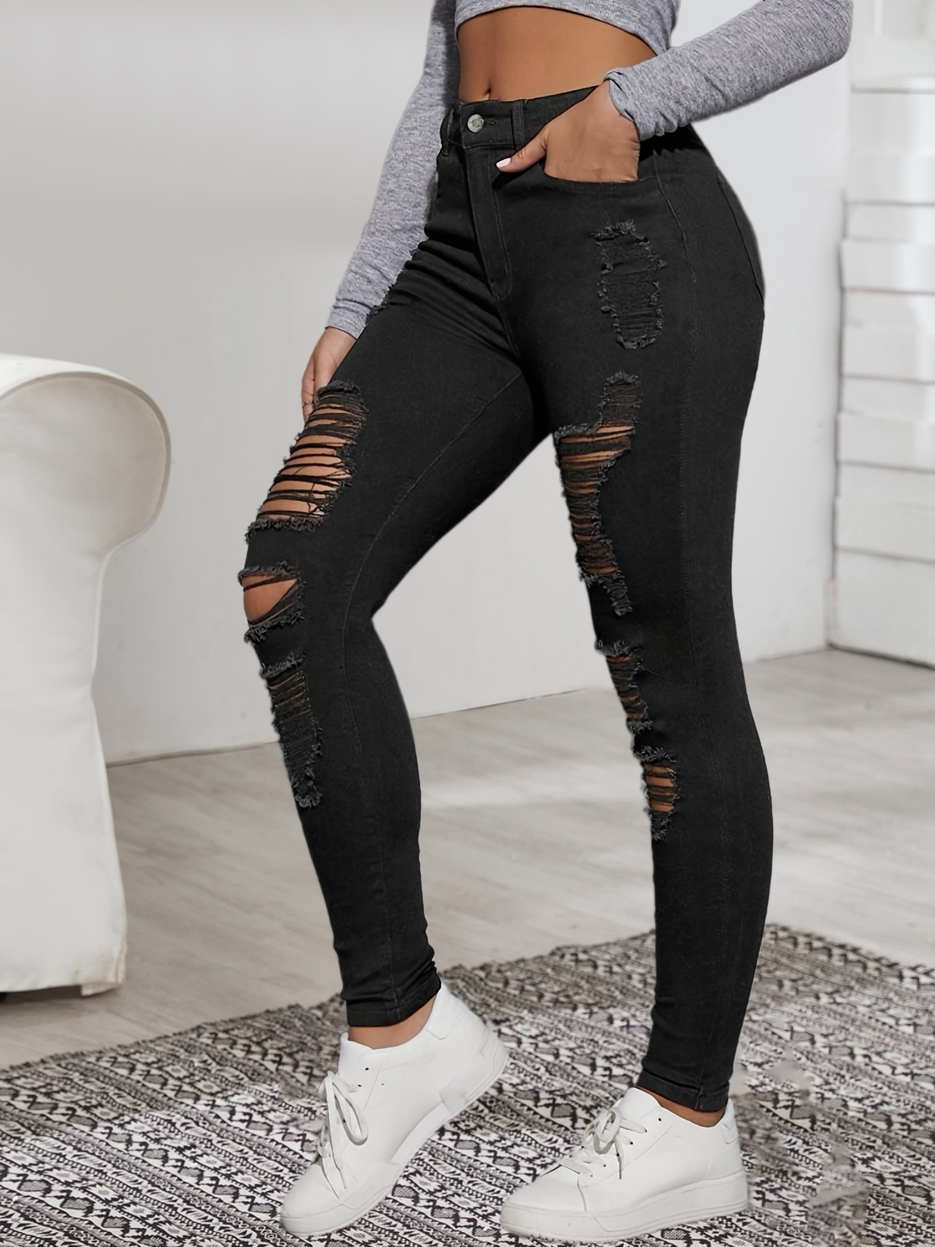 Ripped Solid Color Slim Fit Jeans, Slash Pockets Vintage Button High Stretch Trousers For Women, Women's Denim Jeans & Clothing