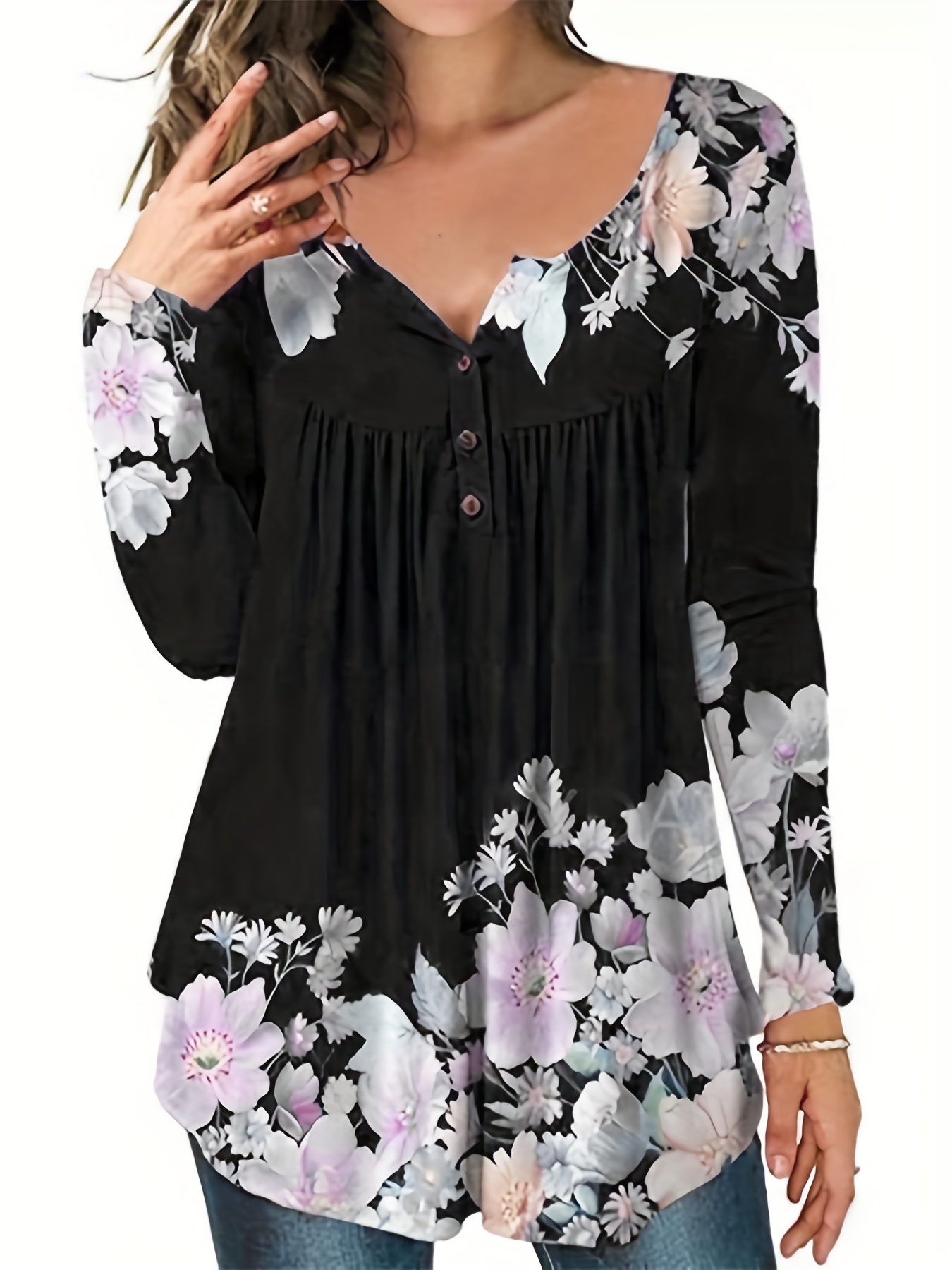 Floral Print Pleated Button Front T-shirt, Casual Ruffle Sleeve T