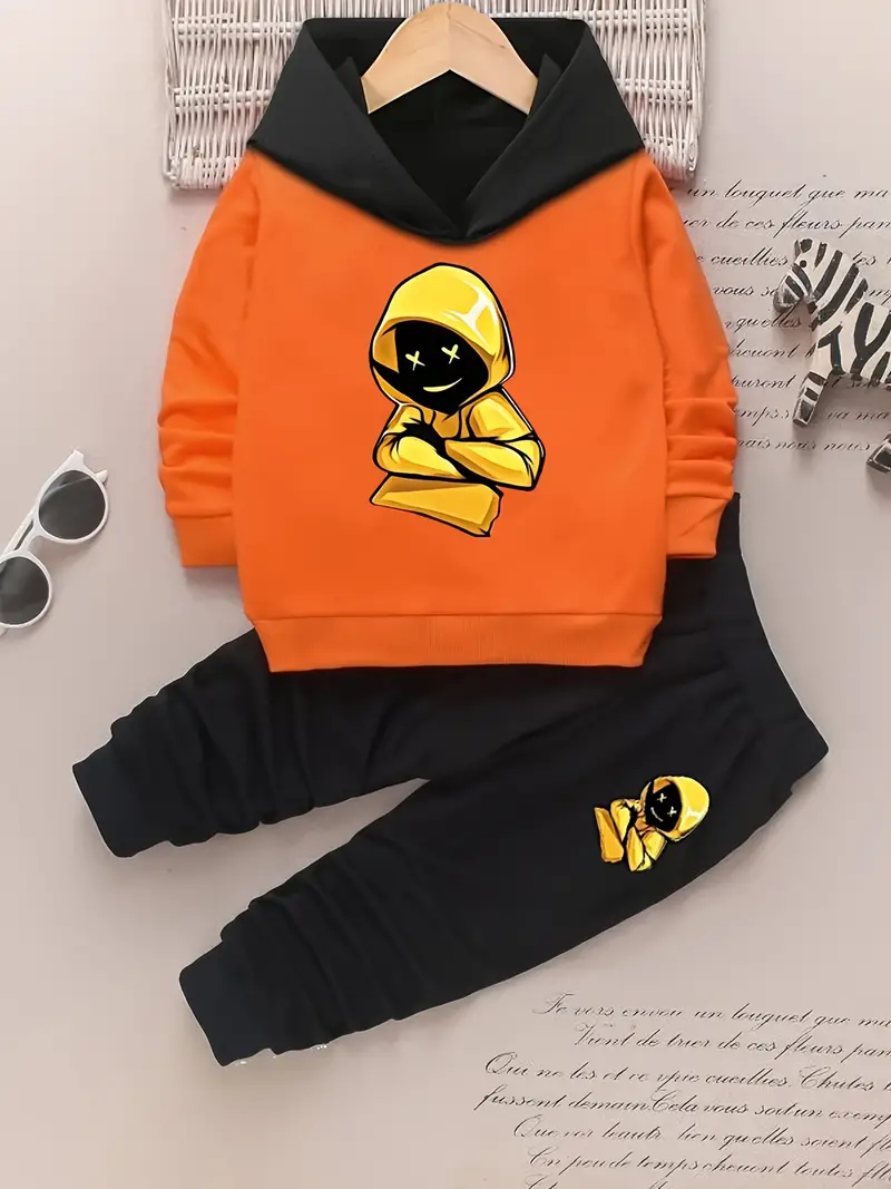 2pcs boys color clash outfit boy print hoodie sweatpants set casual hooded long sleeve top kids clothes for spring fall details 1