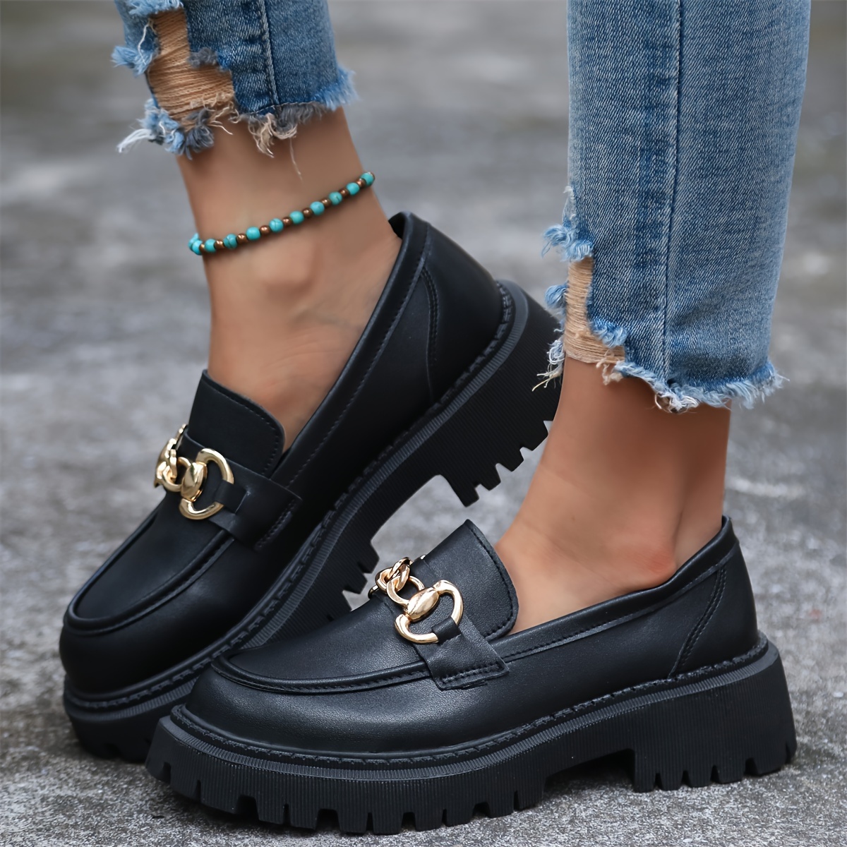 Women's Chain Decor Platform Loafers Fashion Slip Shoes - Temu Canada