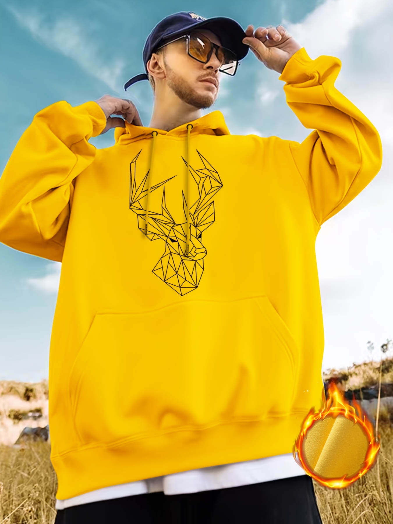 Mens Plus Size Geometrics Deer Pattern Warm Fleece Plain Color Drawstring  Hoodie Thick Thermal Pocket Hooded Sweatshirt Long Sleeve Tops For Autumn  Winter Casual Clothing For Big And Tall Guys - Men's