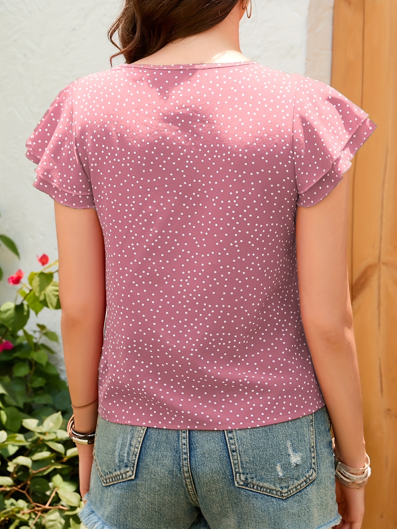 Polka Dot Ruffle Layered Hem T-shirt, Casual Crew Neck Short Sleeve T-shirt  For Spring & Summer, Women's Clothing - Temu