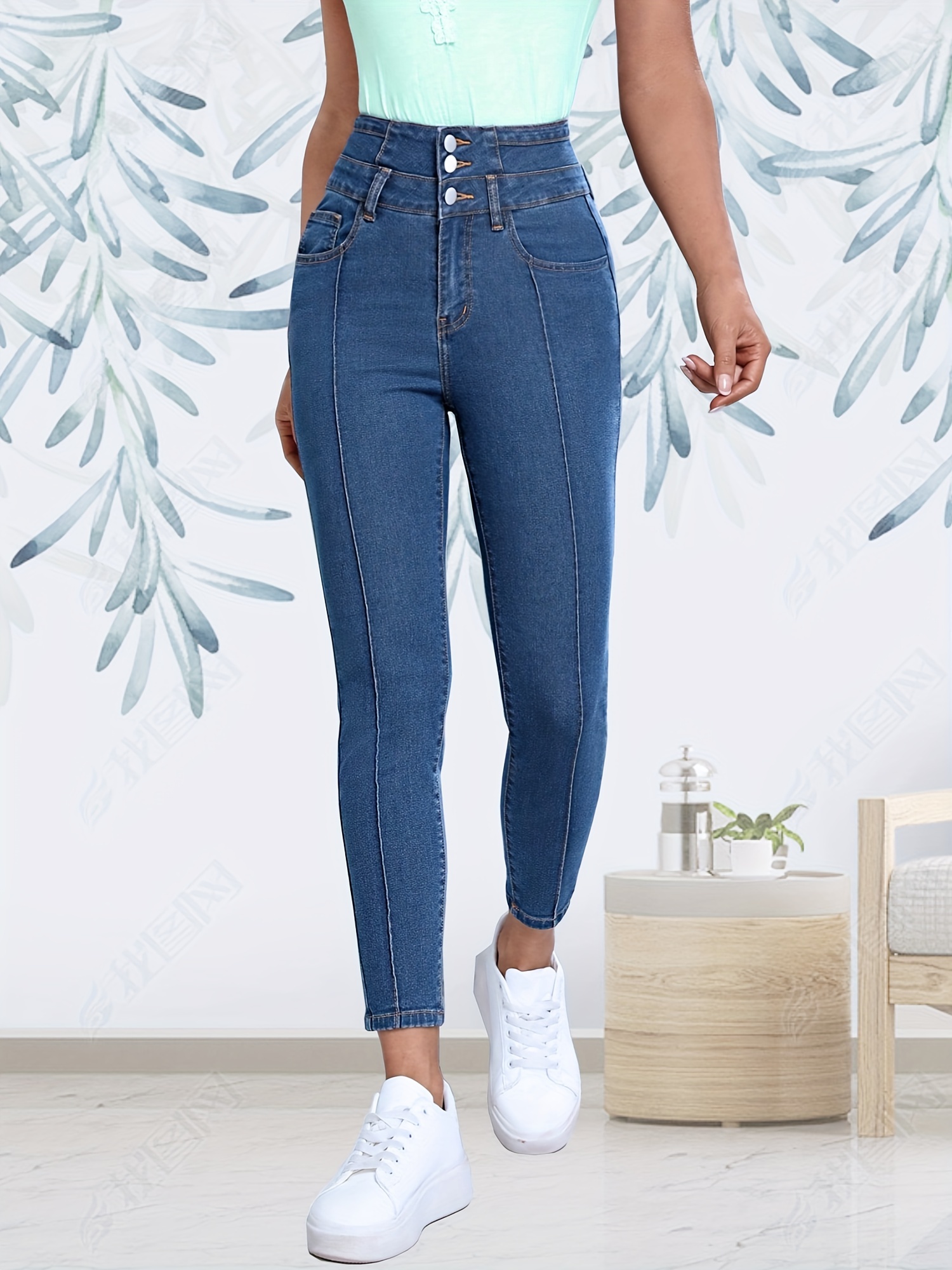 Single Breasted Button Skinny Jeans, Slim Fit Slant Pockets Whiskering  Tight Jeans, Women's Denim Jeans & Clothing