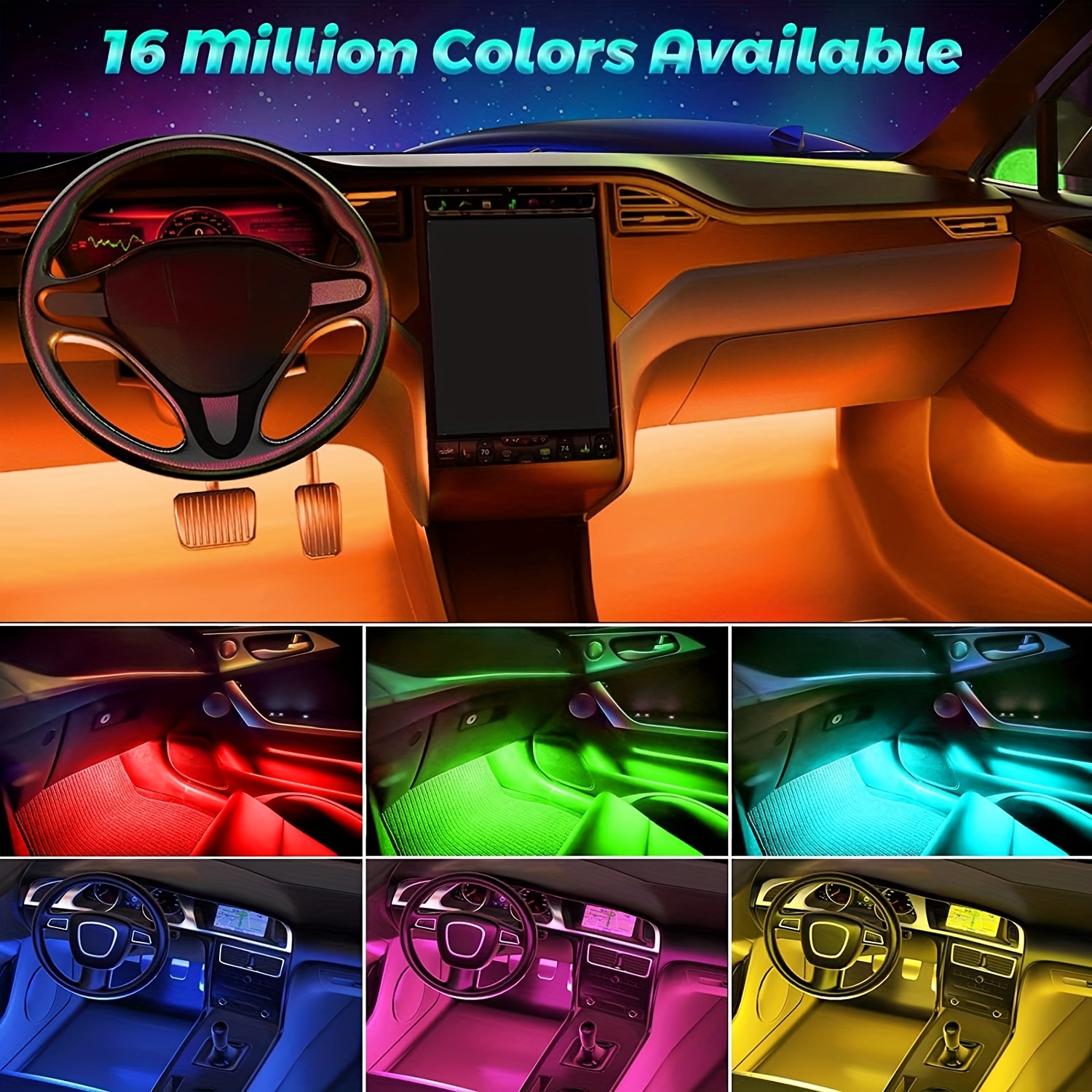 APP Control Car LED Lights, Smart Car LED Strip Lights, Interior Car Lights  with Music Mode and 16 Million Colors, Under Dash Lights for Cars, SUVs, DC  12V 