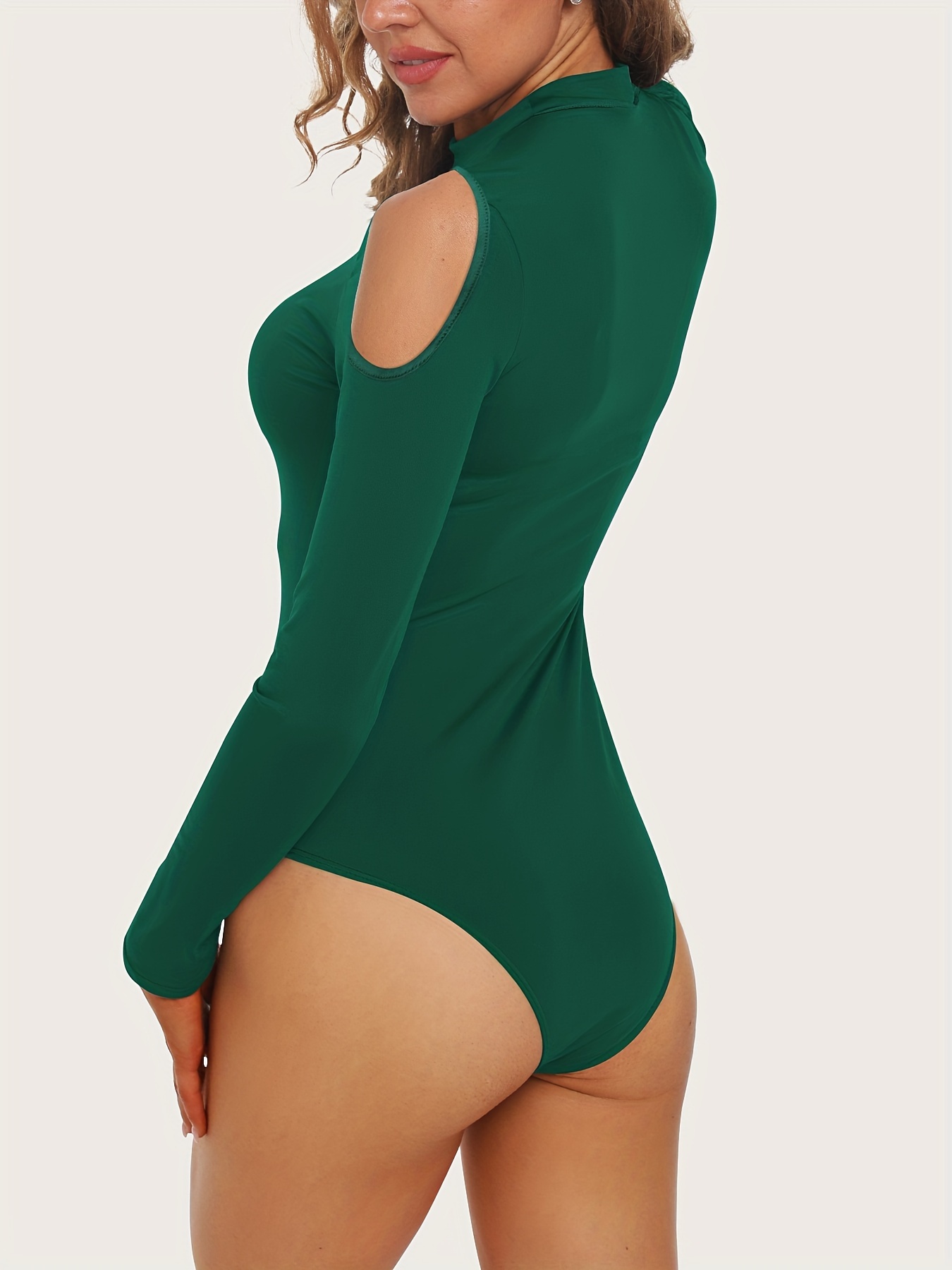 Body sexy de manga larga para mujer, con ribete de encaje, cuello en V  profundo, tanga (color: verde, talla: M)