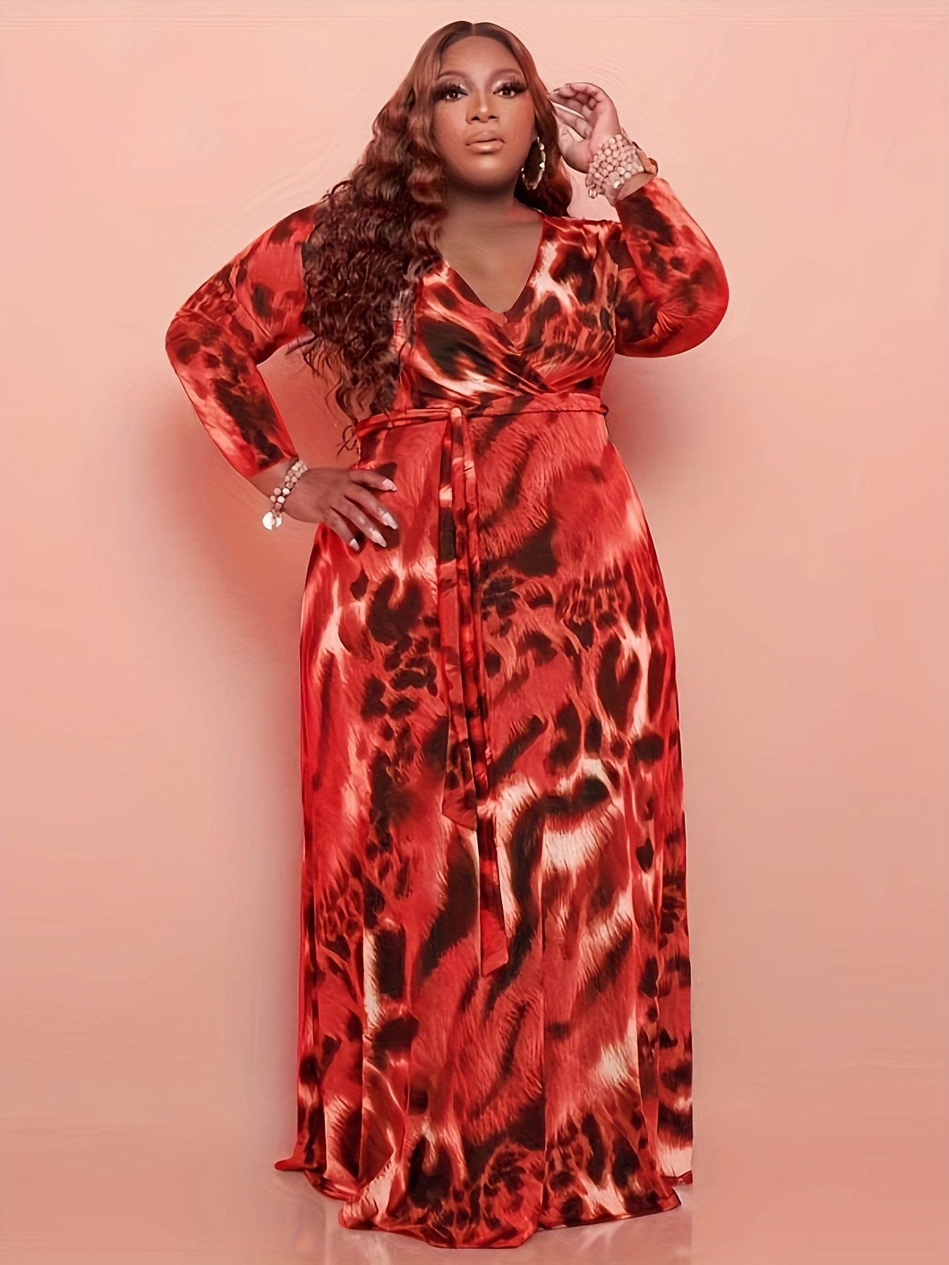 Plus Size Casual Dress Women s Plus Leopard Print Long Sleeve Surplice Neck High Stretch Maxi Dress With Belt