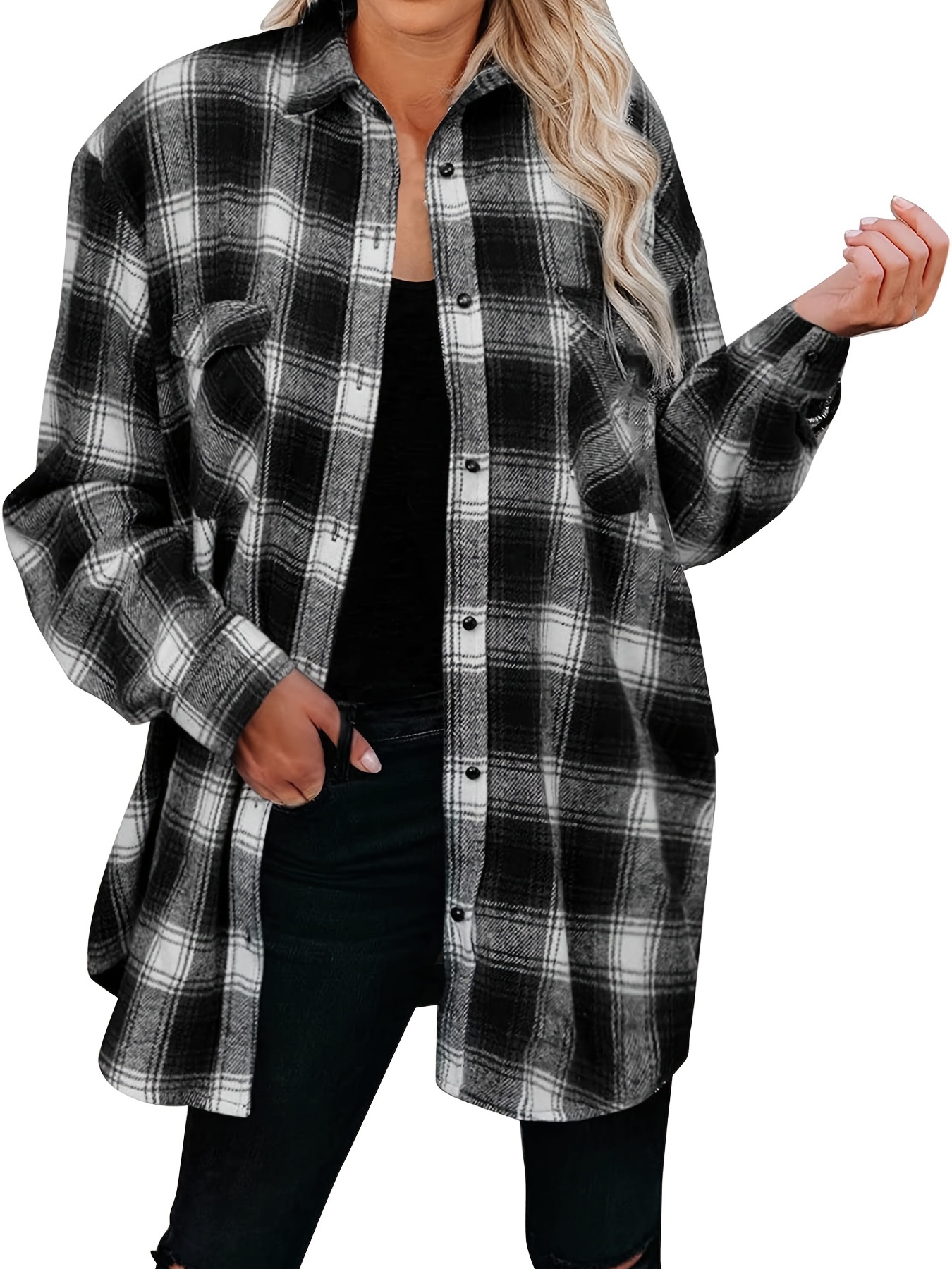 Plaid V neck Loose Lapel Blouses Casual Button Long Sleeve - Temu