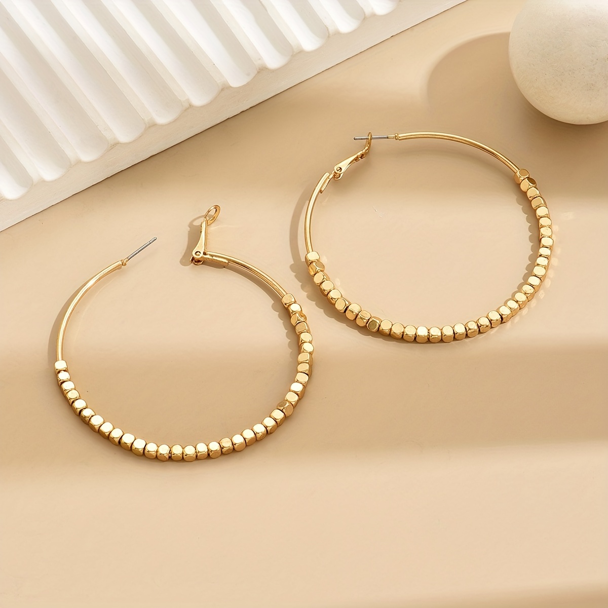 Women's Elegant Golden-Tone Beaded Hoop Earrings