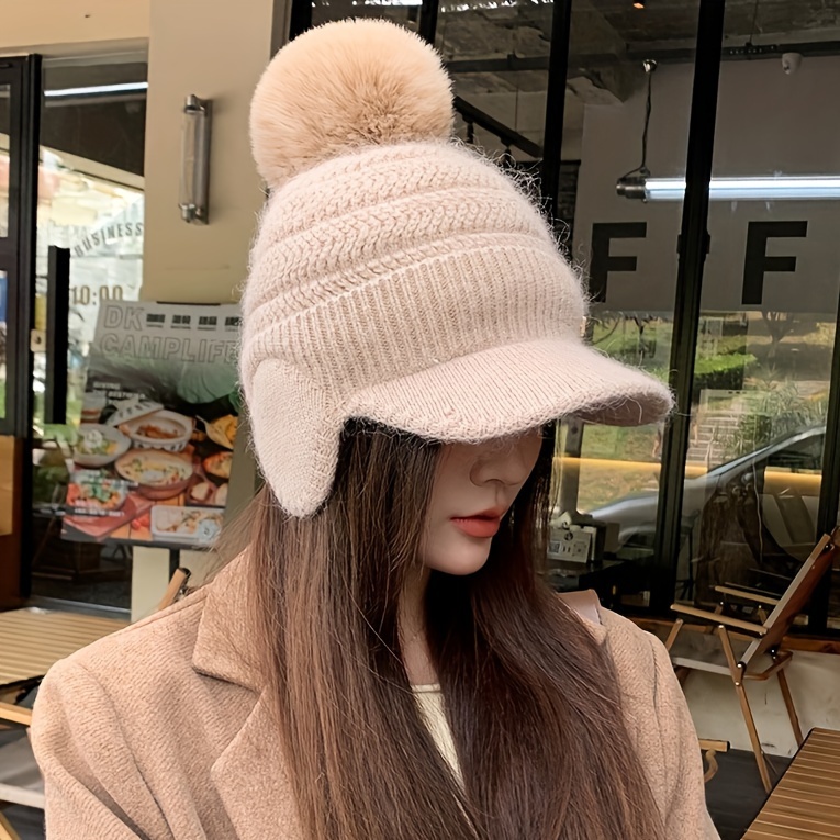 Women's Solid Color Textured Knit Hat Beanie with Pom Poms, Winter Coldproof Thicken Woolen Hat for Outdoor,Temu
