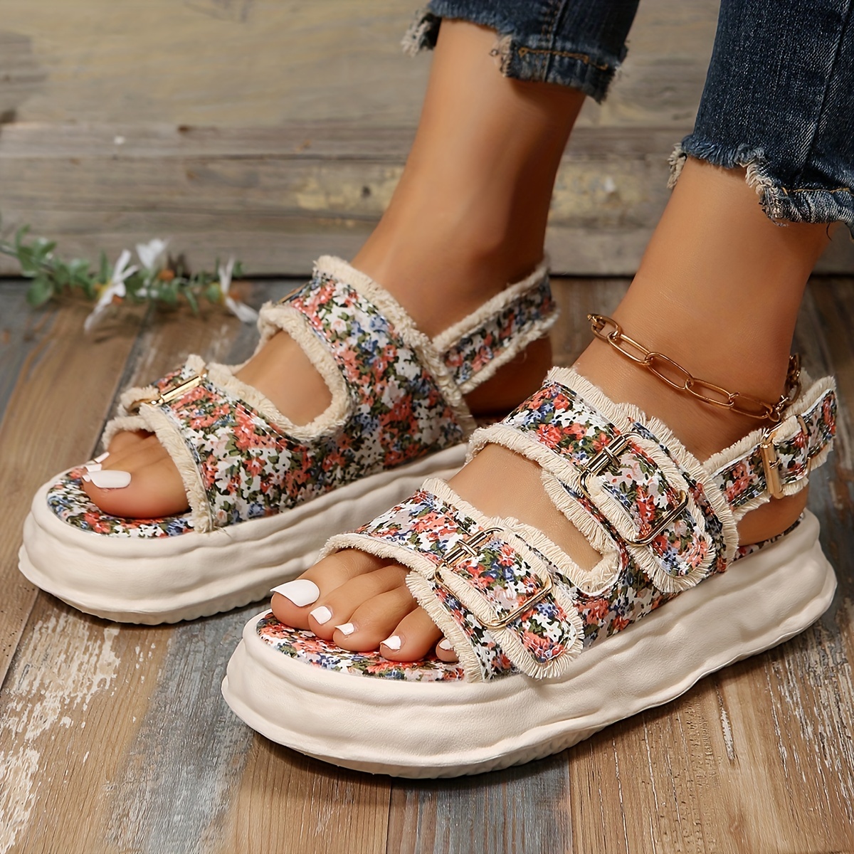 Women s Floral Printed Platform Sandals Versatile Open Toe Temu