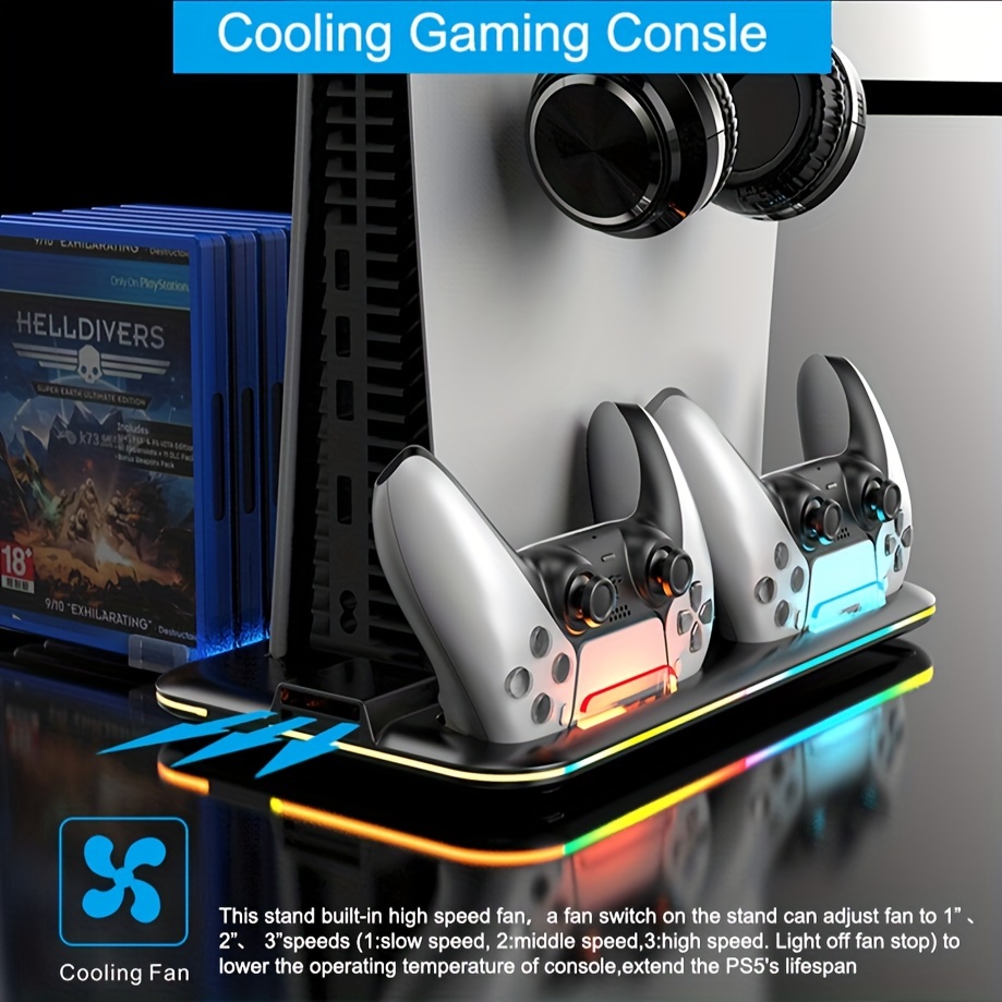 PS5 Slim Cooling Stand Dock with Dual PS5 Controllers Charging Station, for  PS5 Slim Console Cooling Station with 6 Game Disc Slot Organizer, with 2