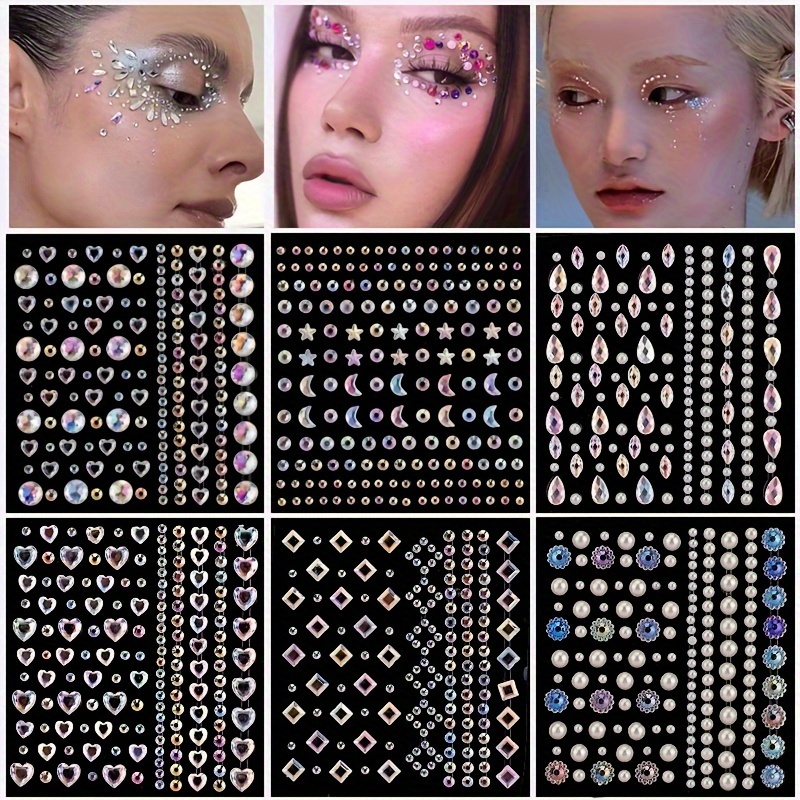 Pearl Face Rhinestones Tattoo Sticker Acrylic Peach Heart Brow Makeup  Sticker