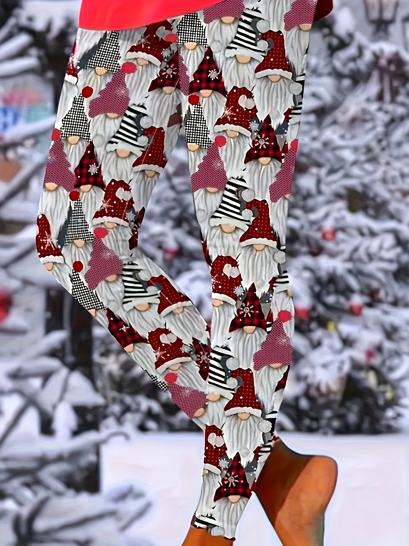 Christmas Gnome Print Skinny Leggings, Casual Elastic Waist Stretchy  Leggings, Women's Clothing