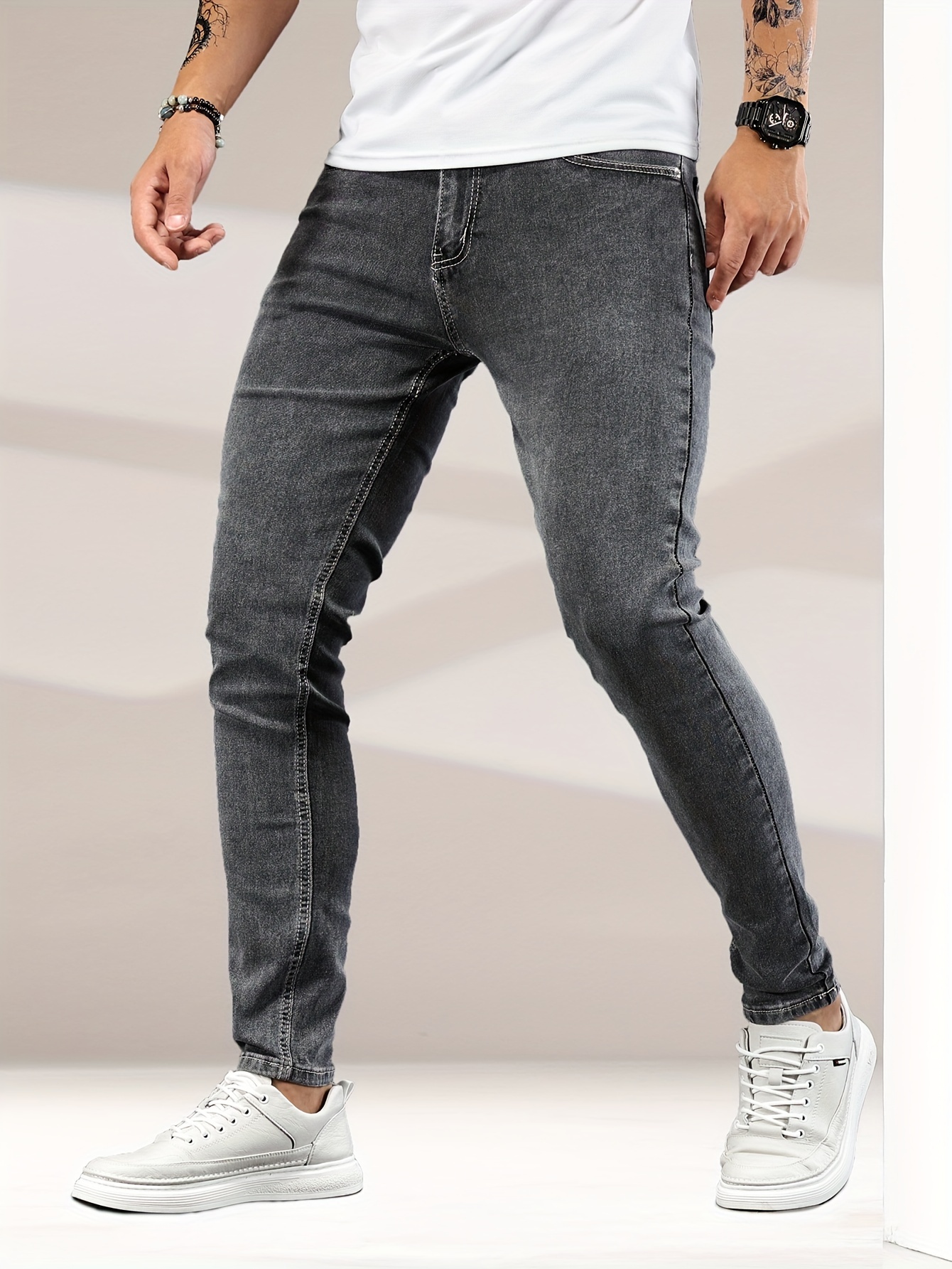 Washed Solid Patch Jeans, Men's Casual Street Style Distressed Slim Fit High Stretch Denim Spring Summer Jeans Pants, Trousers,Casual,Temu