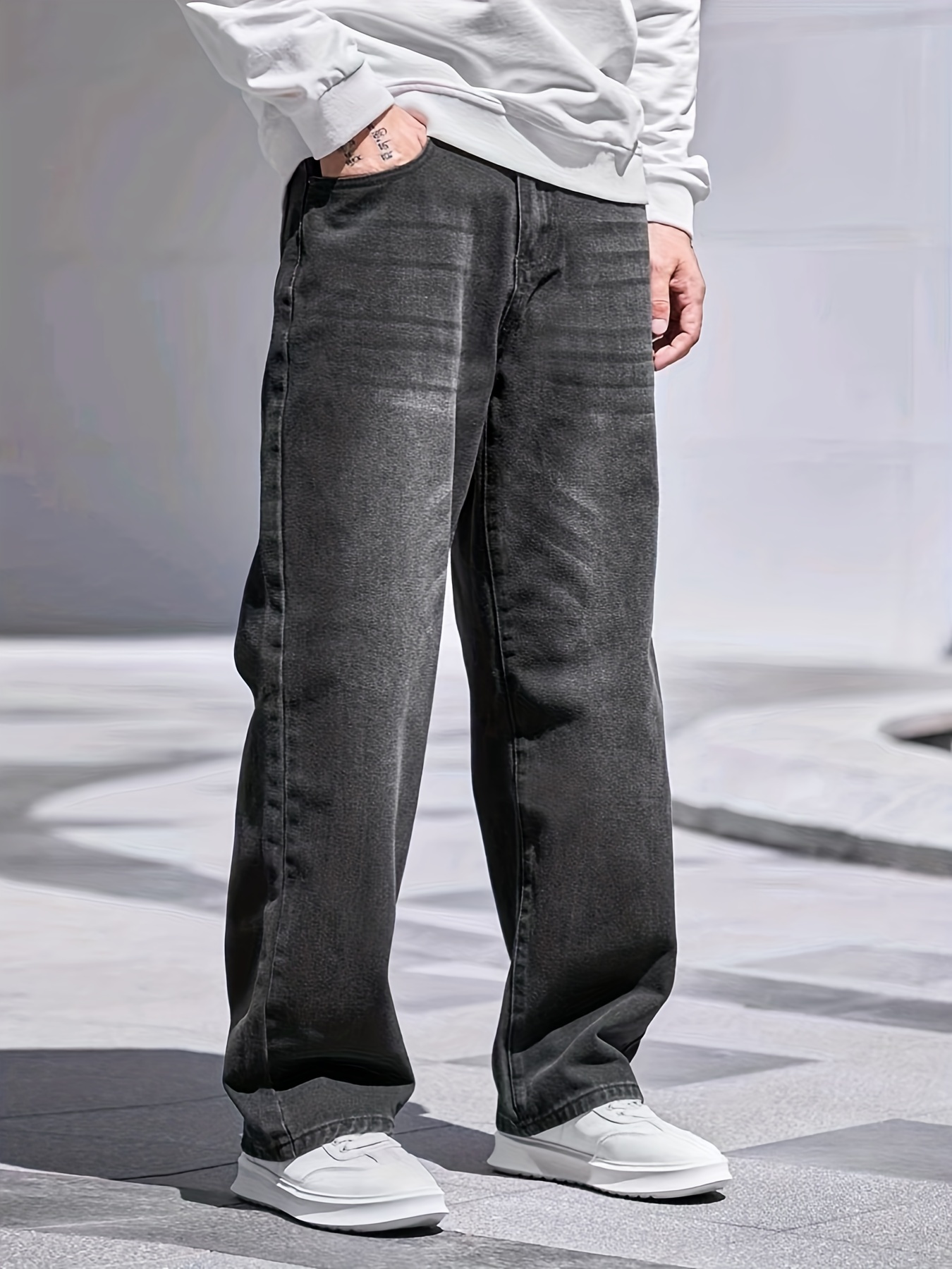 Plus Size Men's Straight Leg Jeans, Loose Solid Casual Trendy Denim Long  Pants All-match