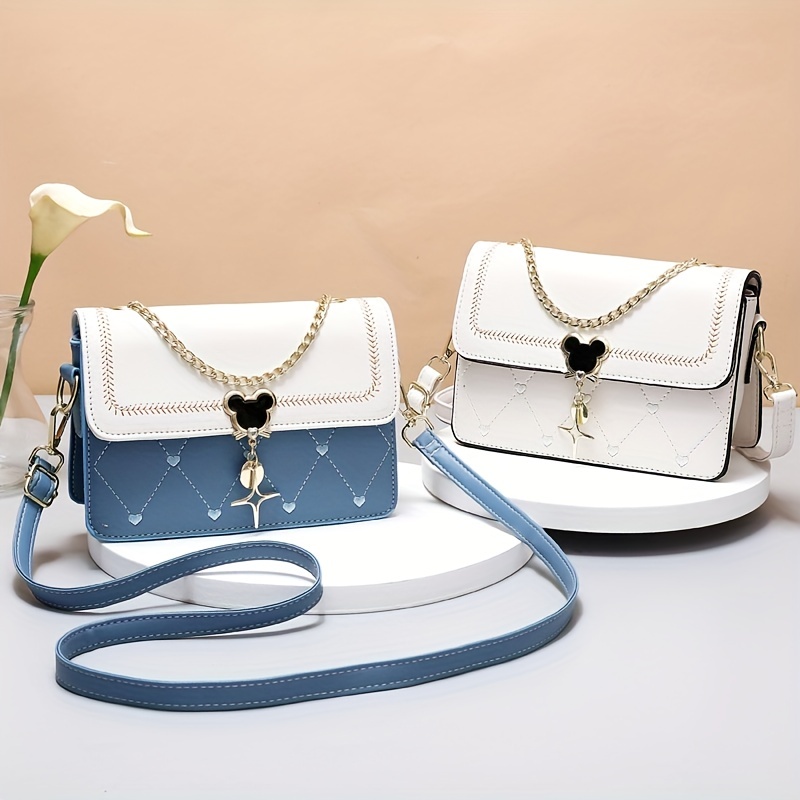 Embroidery Detail Flap Square Bag, Stylish Chain Decor Crossbody Purse With  Bag Charm - Temu