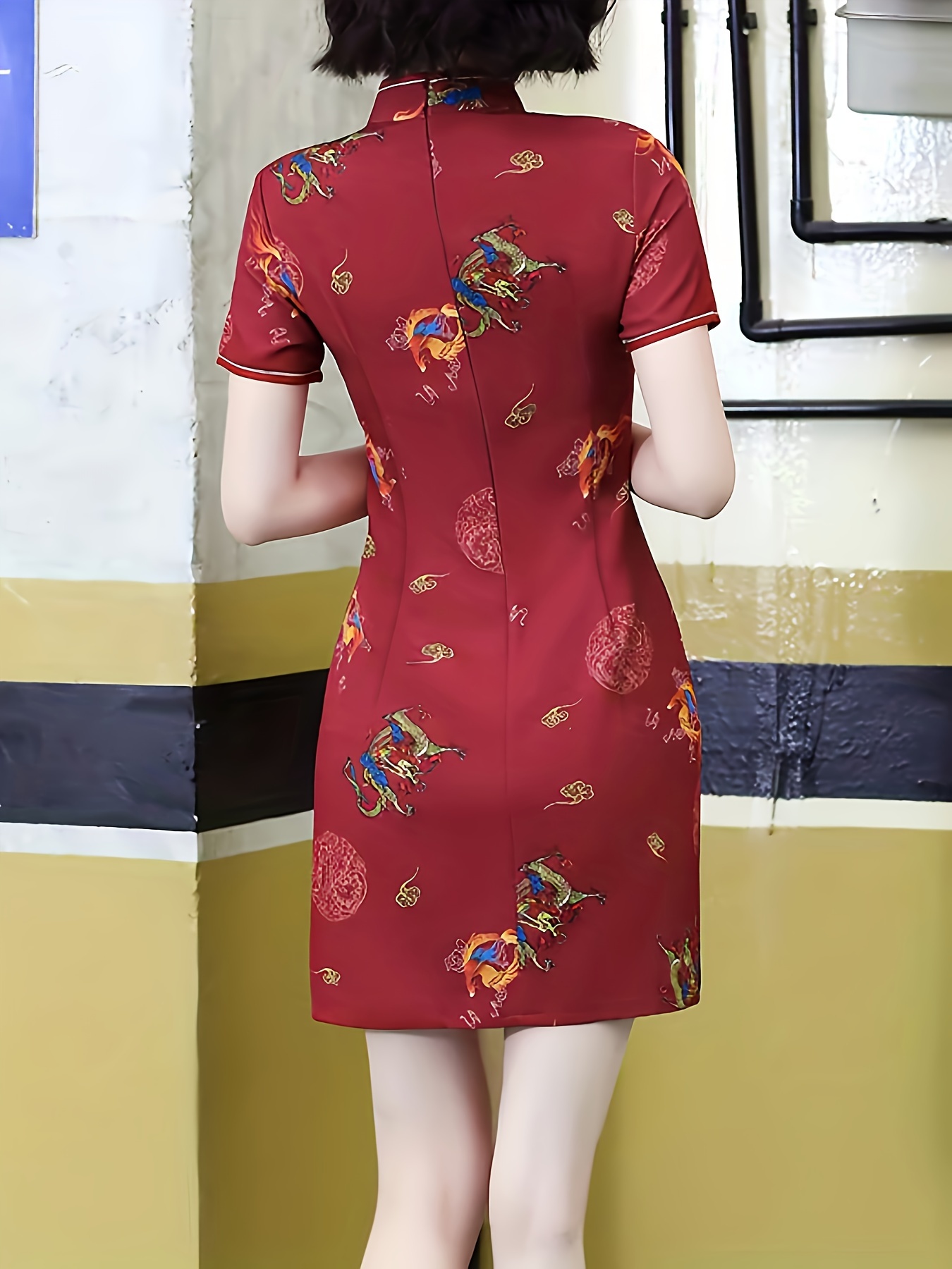 Graphic Print Cheongsam Dress Vintage Elegant Short Sleeve - Temu