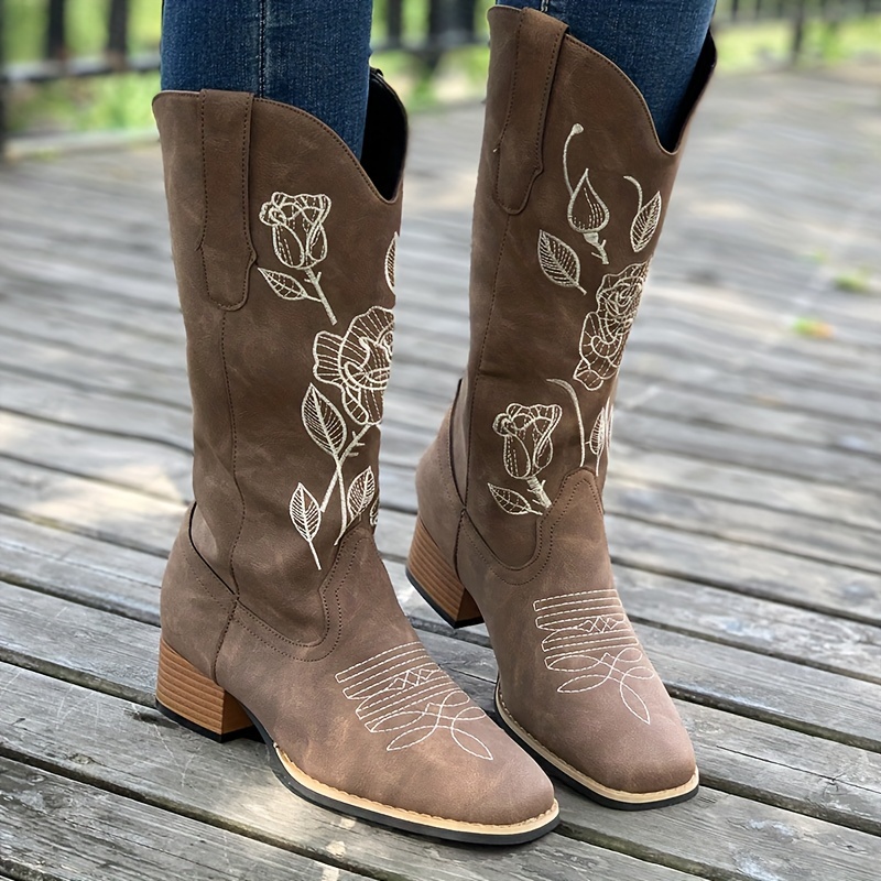 Bottes de cowboy occidentales brodées pour femmes, couleurs mélangées,  chaussons hauts au genou, Parker pointu, talon moyen, chaussures à enfiler  pour dames, automne, nouveau, 2023
