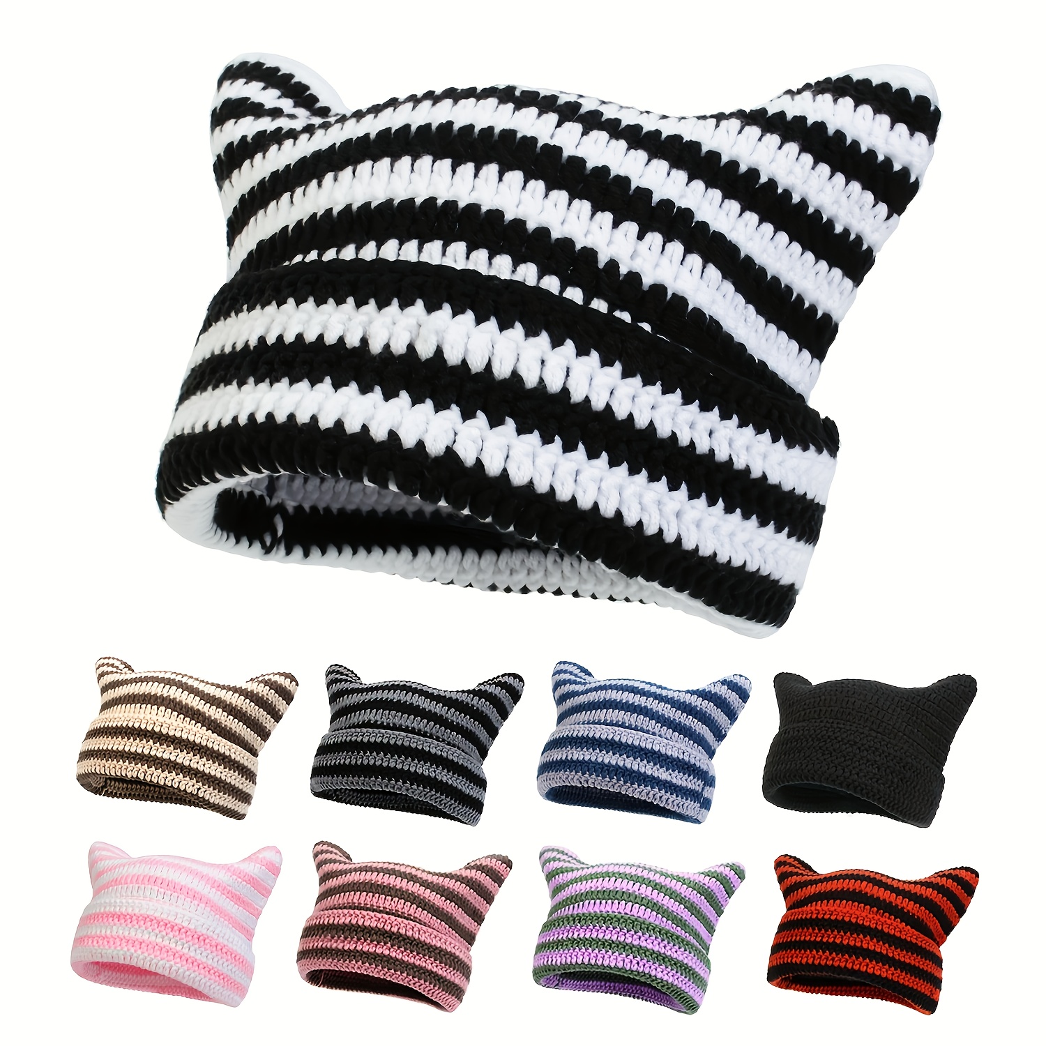 

Trendy Striped Y2k Beanie With Ears Hip Hop Coldproof Skull Cap Lightweight Elastic Knit Hats Cat Beanies For Women Female Autumn & Winter