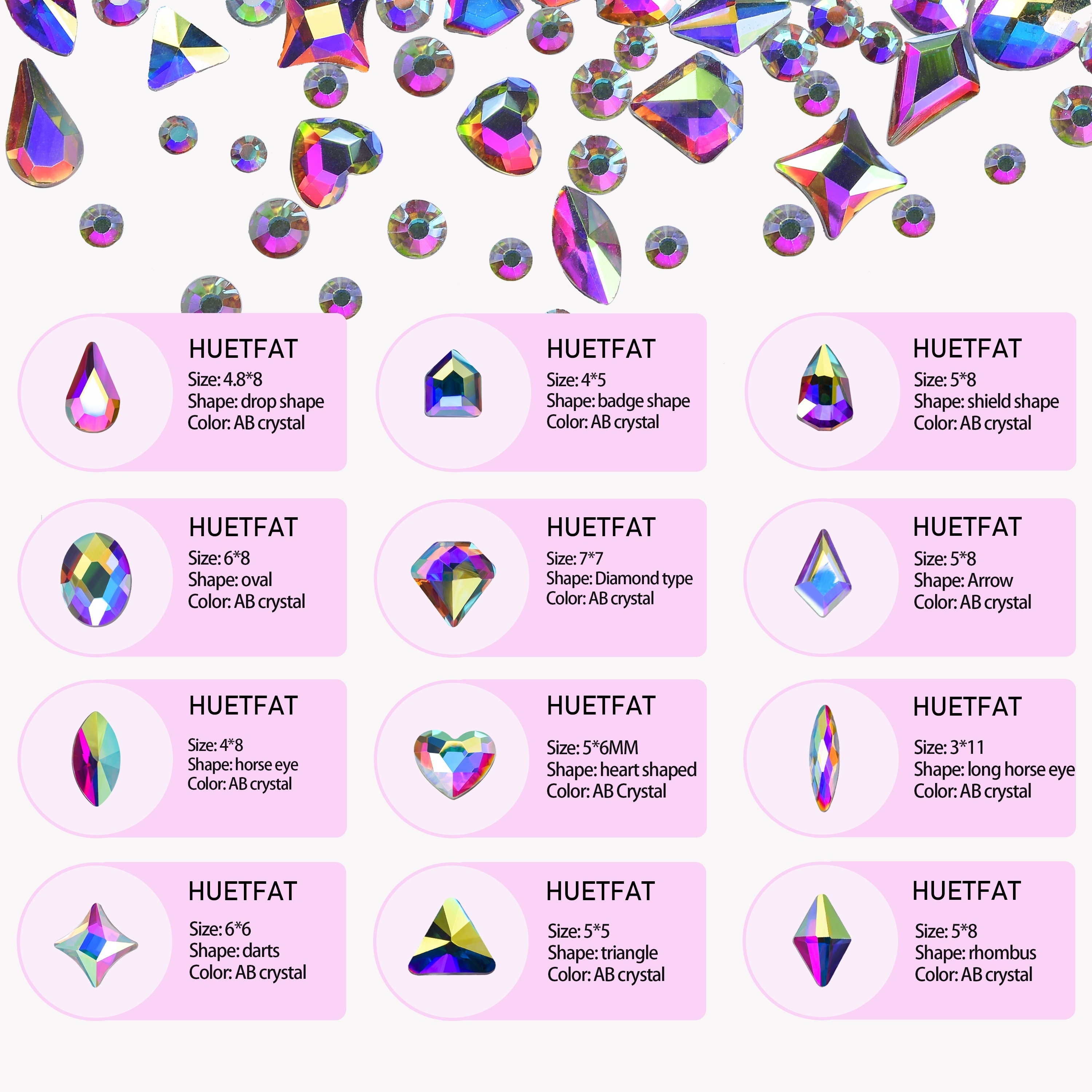 Nail Art Rhinestones Kit HUETFAT 120Pcs Multi Shapes Glass Crystal