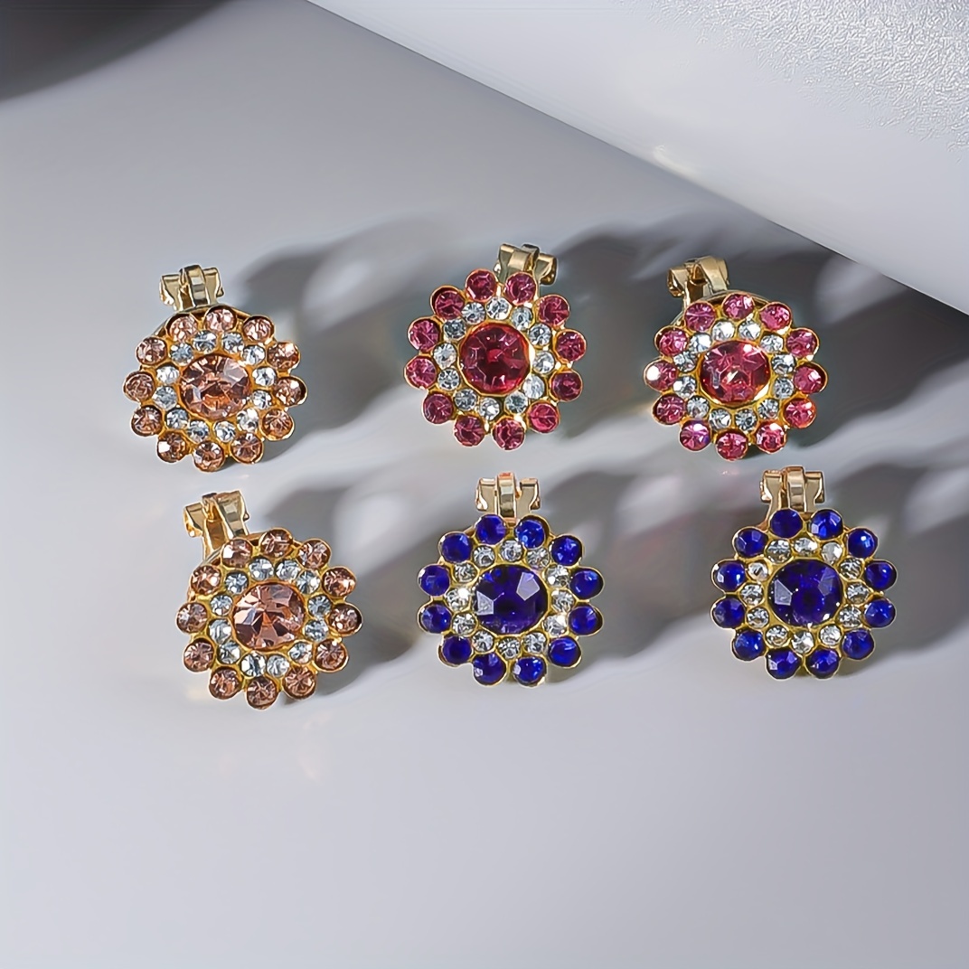 

3 Pairs Set Of Delicate Colorful Rhinestones Inlaid Flower Shaped Clip On Earrings Copper Jewelry Elegant Luxury Style For Women Wedding Party