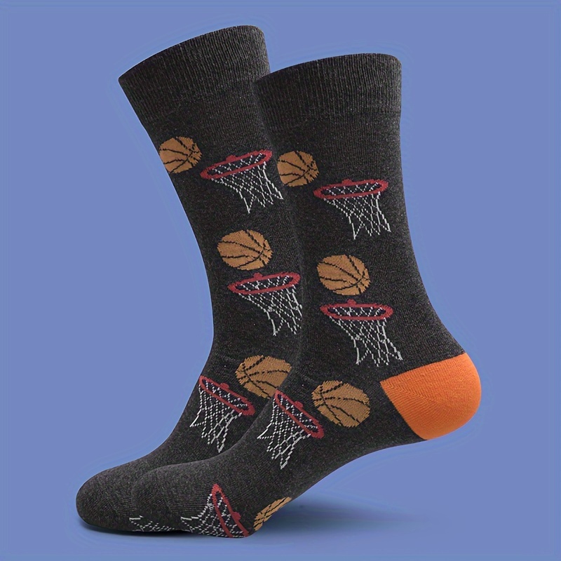 Image of 1 Pair Men's & Women's Basketball-themed Mid-calf Socks - Warm Unisex Athletic Socks With Basketball Hoop & Court Design, Machine Washable Casual Wear For Basketball Fans, Durable