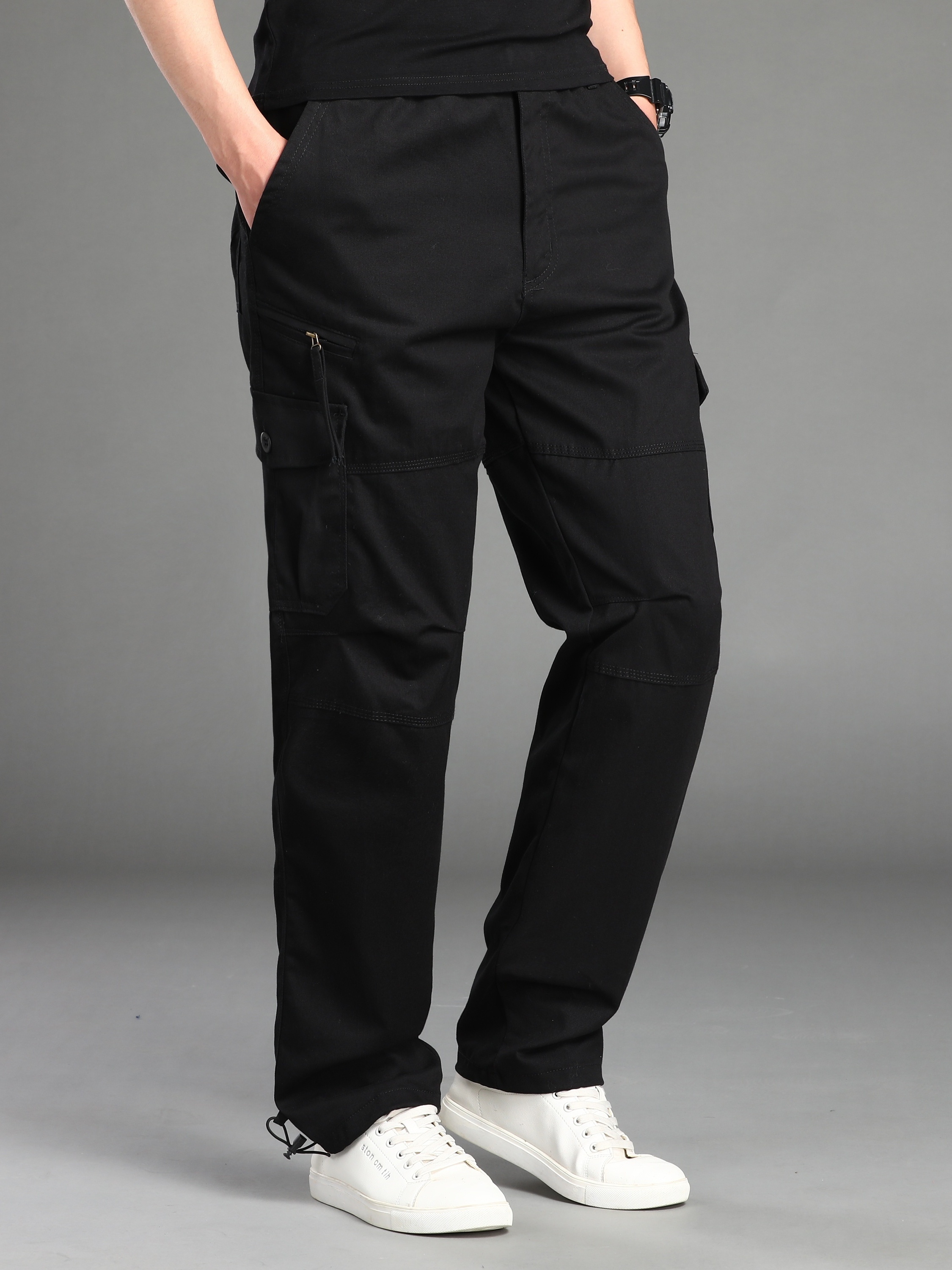 Pantalones Cargo con bolsillos Hombre pantalón Largo LISO Cintura elástica  rectos sueltos USO diario y vacaciones