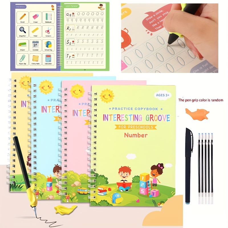 4 Books+ 1 Pen+6 Refills+1 Pen Grip Set Magic Groovd Copybook For Kids, Handwriting Practice Book English Cursive Calligraphy Reusable  7.48*5.12inch
