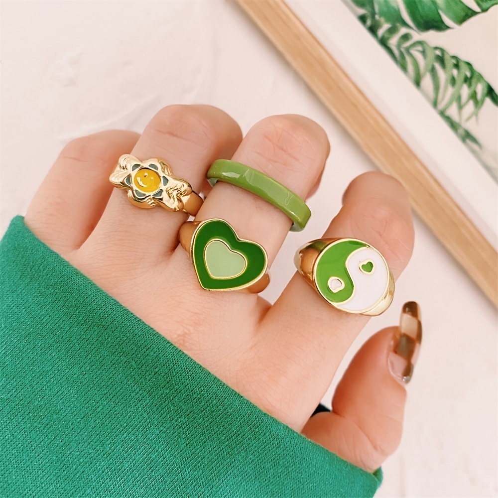 Zinc Alloy Dripping Oil Tai Chi Heart Love Rings Set