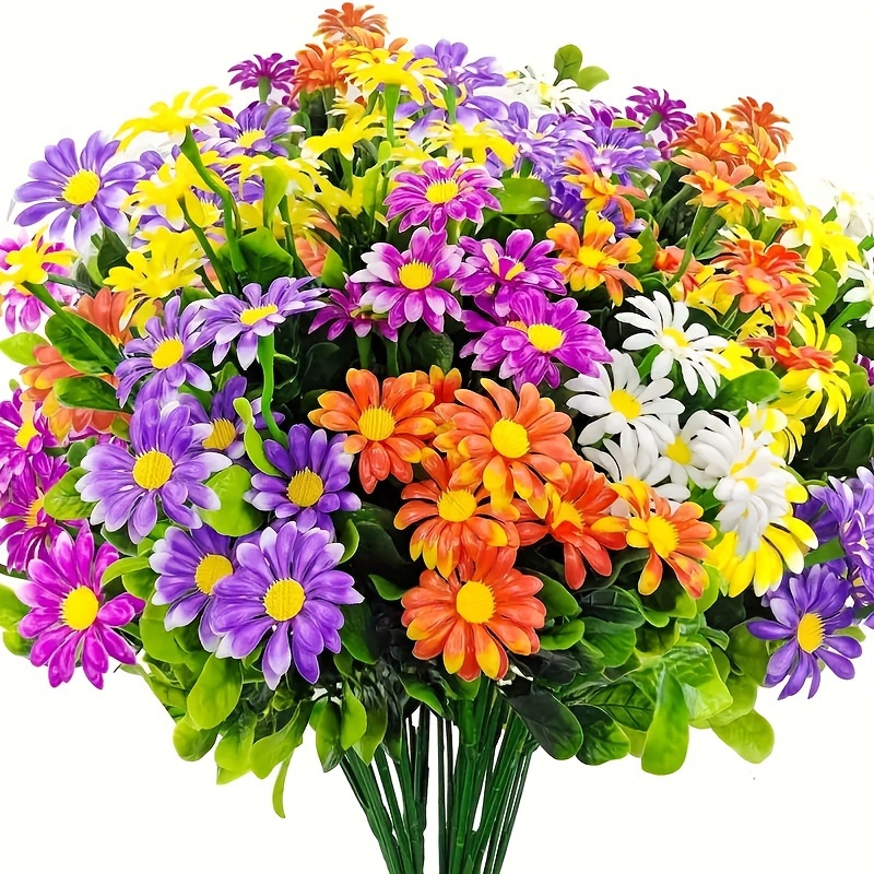Artificial Flowers Wildflowers Silk Daisy Spring Fake Daisies Decoration Summer UV Resistant Colorful Mixed Bundles Faux Greenery Outdoor Plant Stem