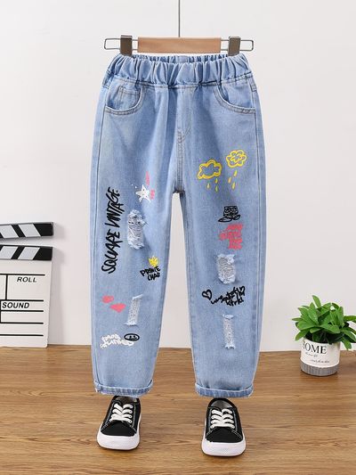 girls ripped tapered jeans cartoon pattern elastic waistband denim jeans kids clothes