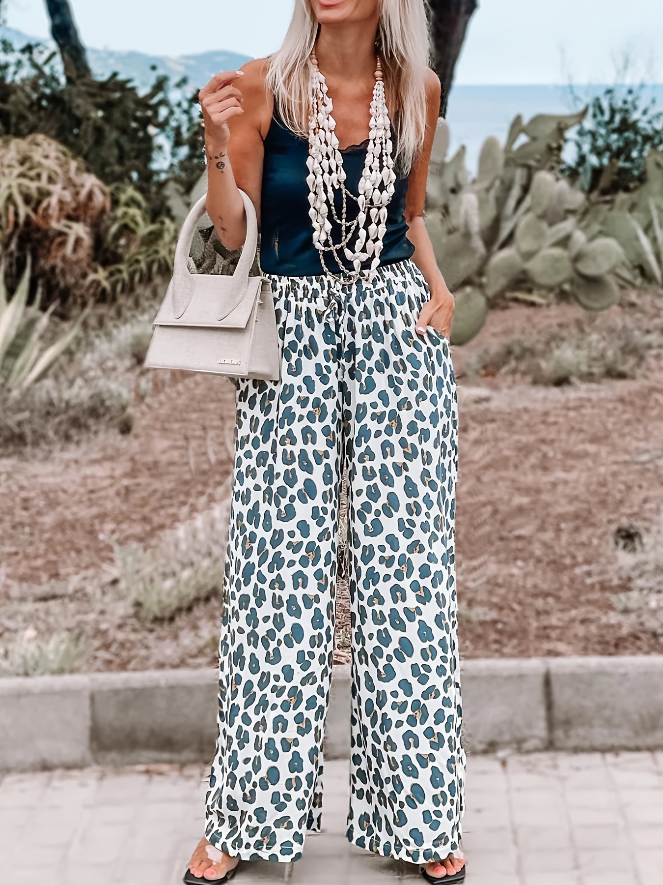 Plus Size Boho Pants, Women's Plus Leopard Print Drawstring Elastic High  Rise Wide Leg Trousers