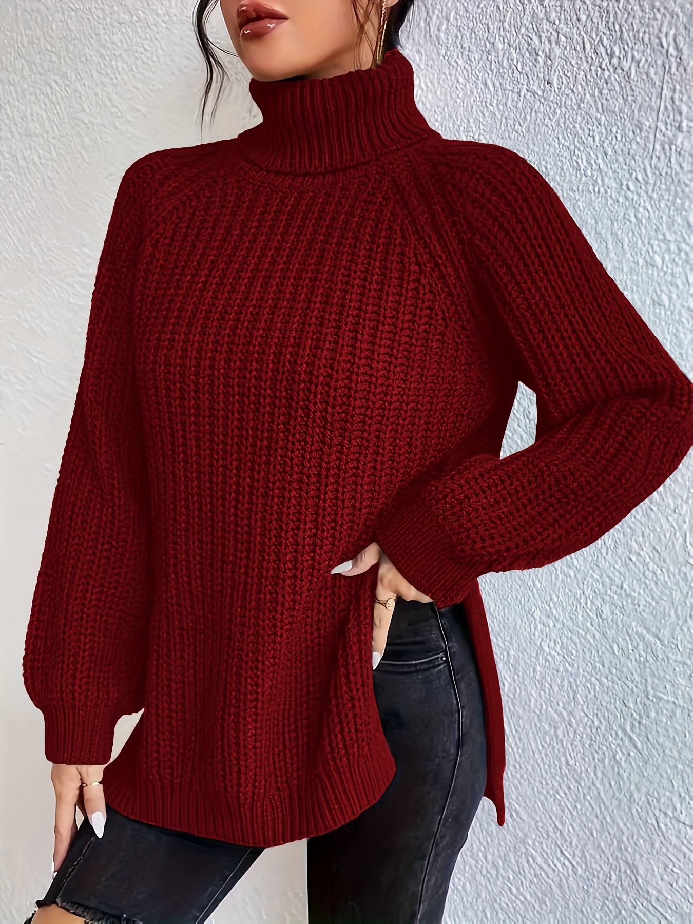 MKIUHNJ Turtleneck Pullover Women's Red Fashion Solid Colour