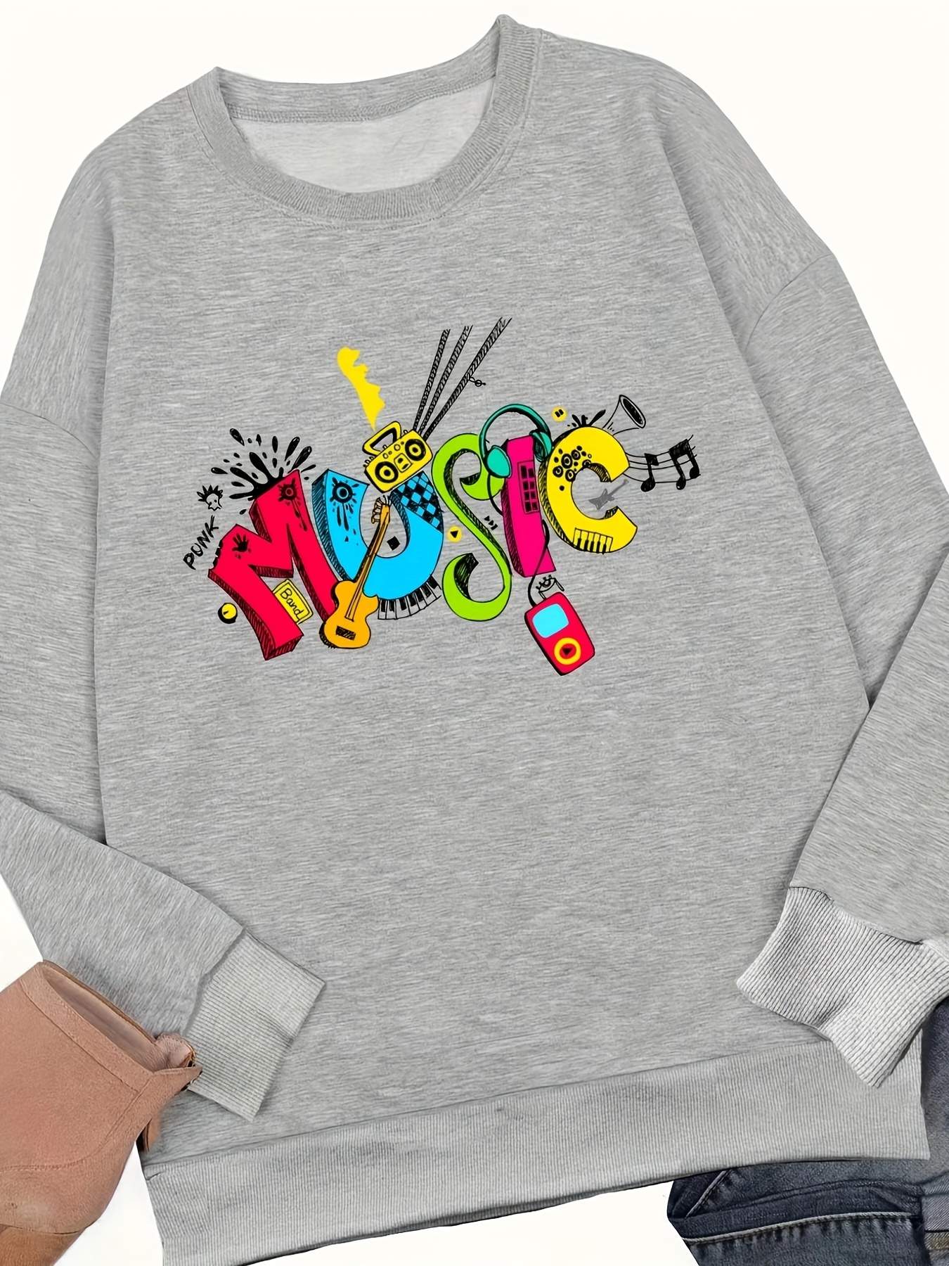 Music Print Crew Neck Sweatshirt, Casual Long Sleeve Drop Shoulder  Sweatshirt, Women's Clothing