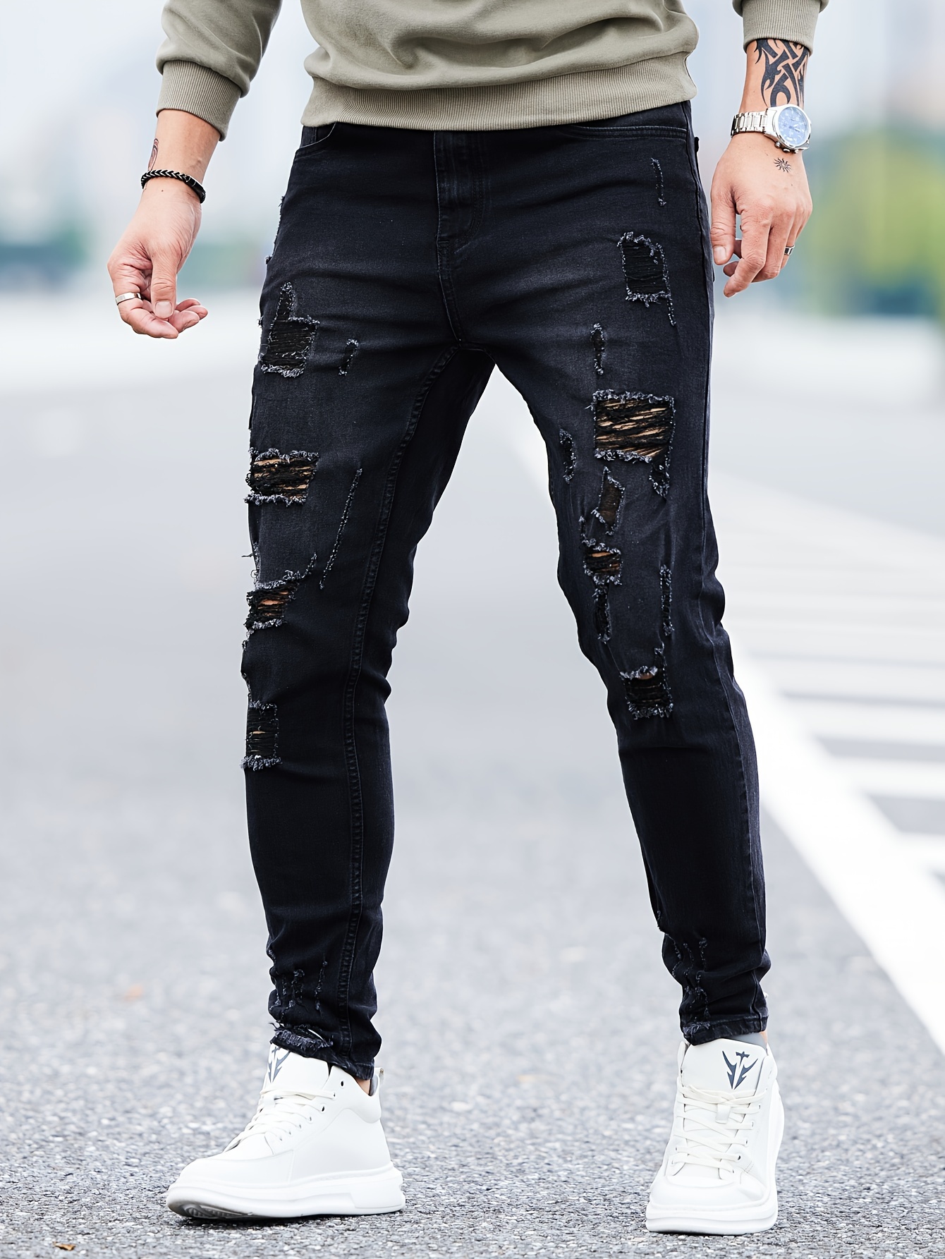 Men's Skinny Ripped Jeans, Casual Street Style Denim Pants