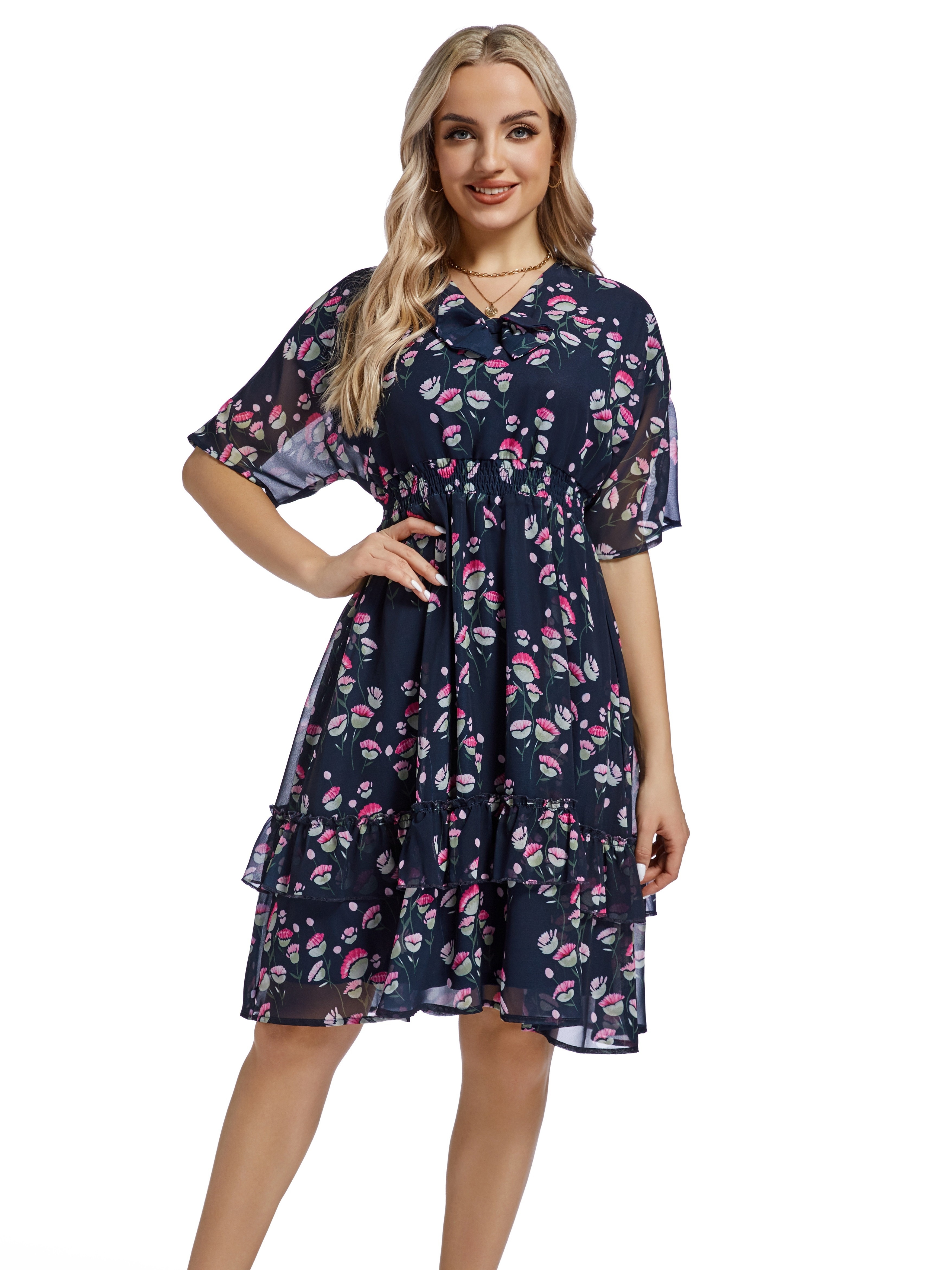 floral print shirred waist dress elegant half sleeve dress for spring summer womens clothing